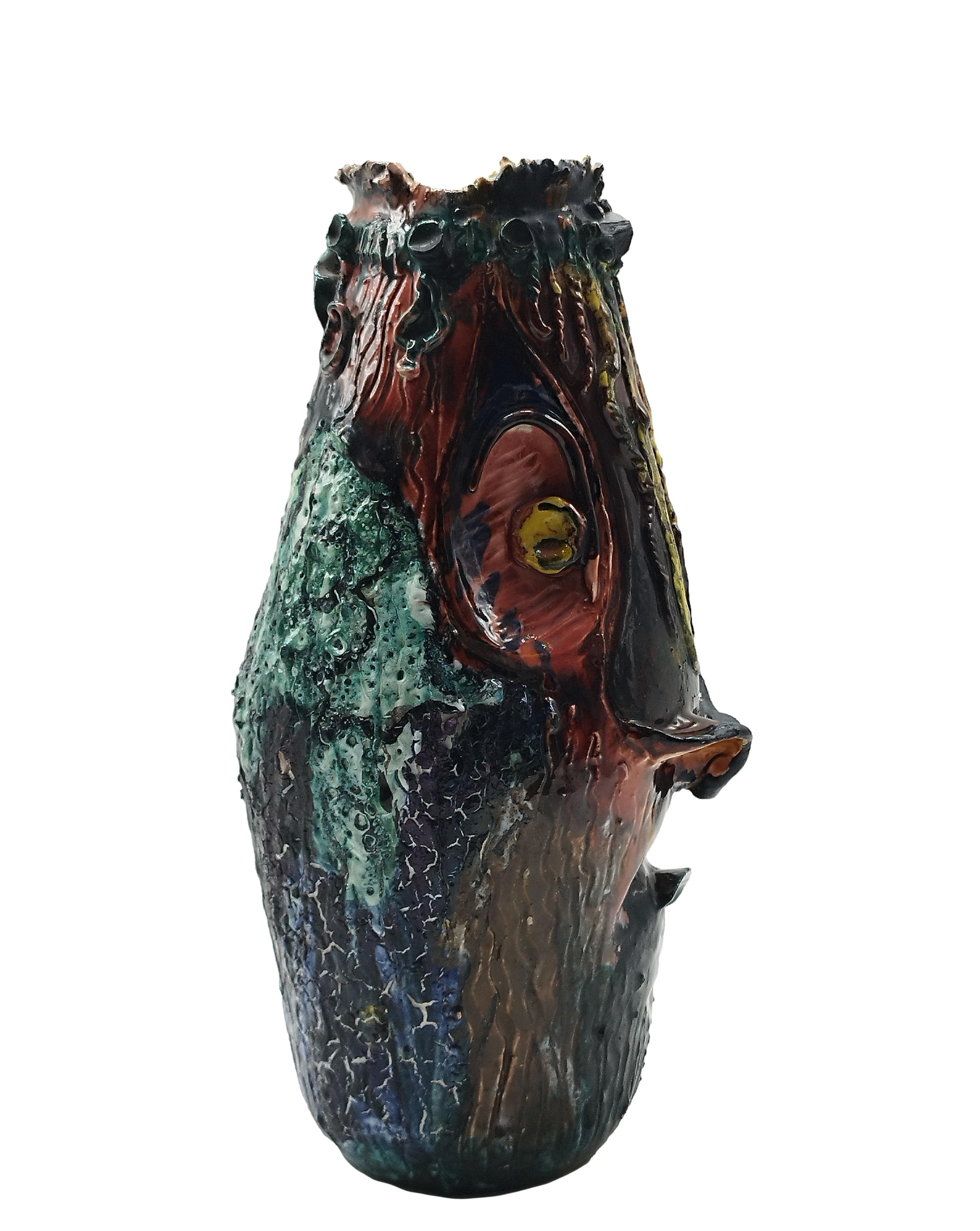 Mid-Century Modern Multicolor Ceramic Vase with Face, Italy 1970s For Sale