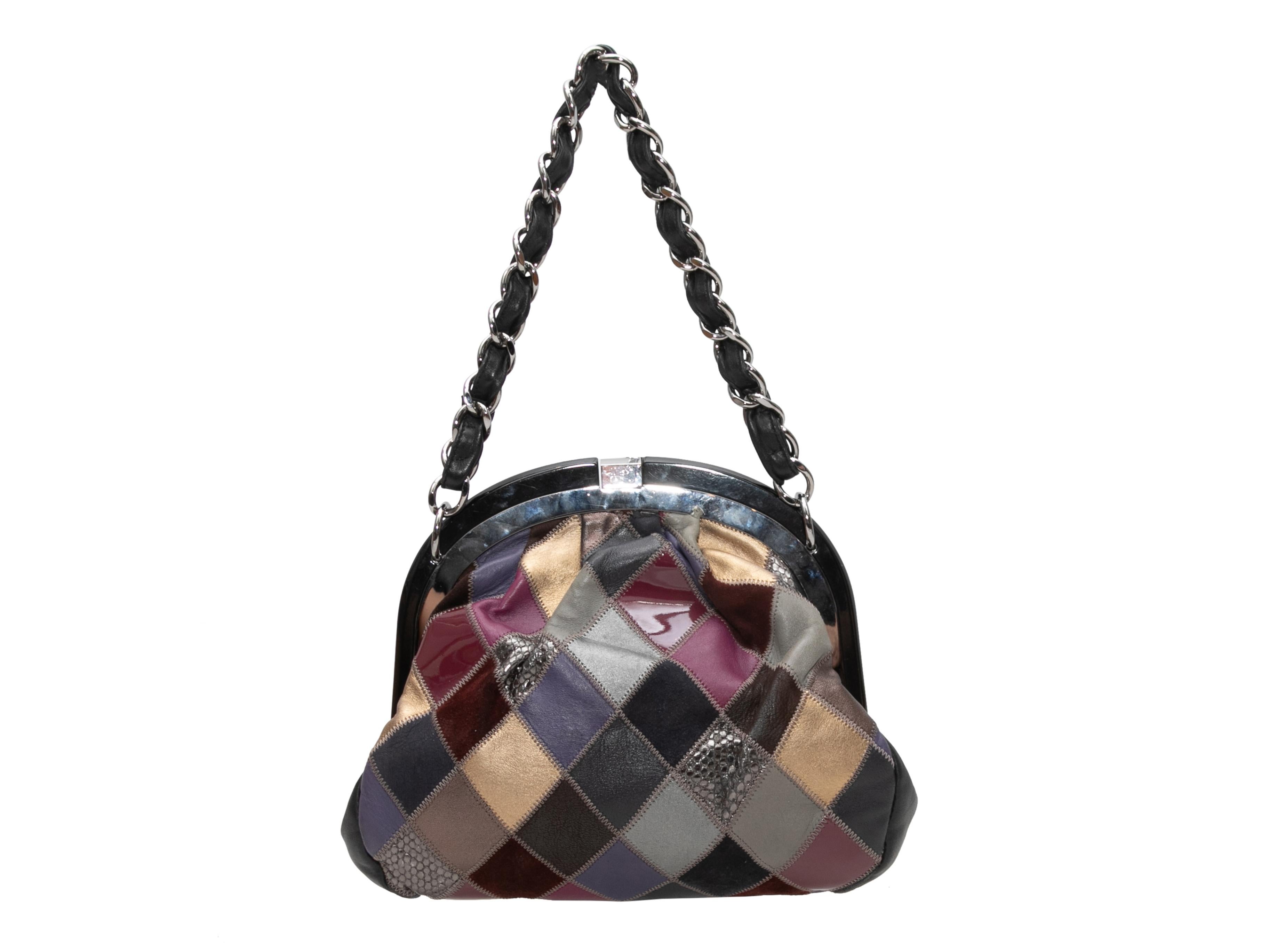 Multicolor Chanel 2005-2006 Patchwork Leather Frame Handbag. This handbag features a leather body, silver-tone and black hardware, a single chain-link and leather top handle, and a top clasp closure. 11