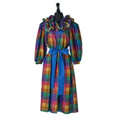 Multicolor check silk cocktail dress with ruffles and blue belt Donna Morgan