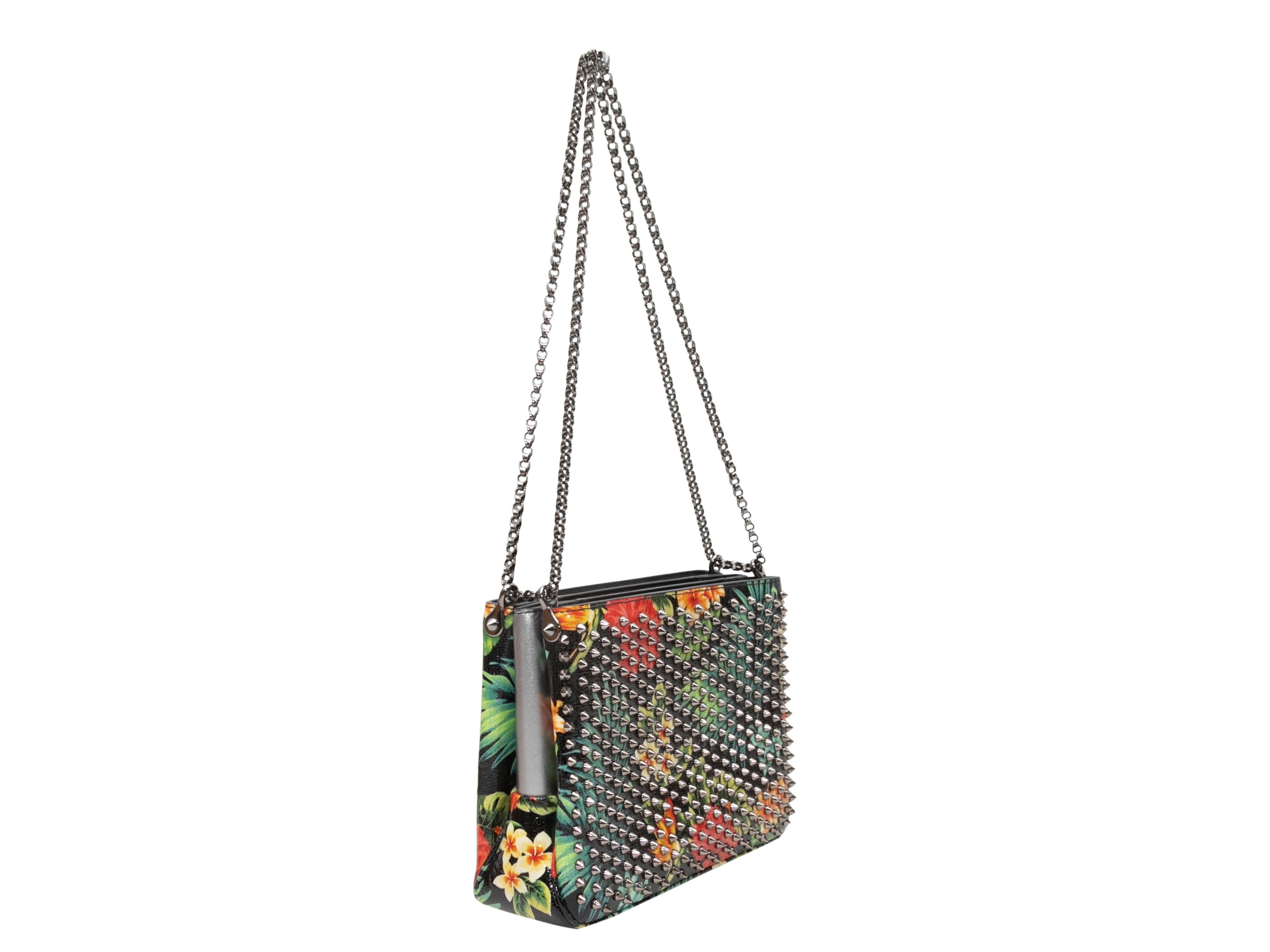 Multicolor Christian Louboutin Triloubi Triple-Gusset Spiked Shoulder Bag. The Triloubi Triple-Gusset Spiked Shoulder Bag features a tropical print patent body, silver-tone hardware, dual chain-link shoulder straps, and top zip closures. 10