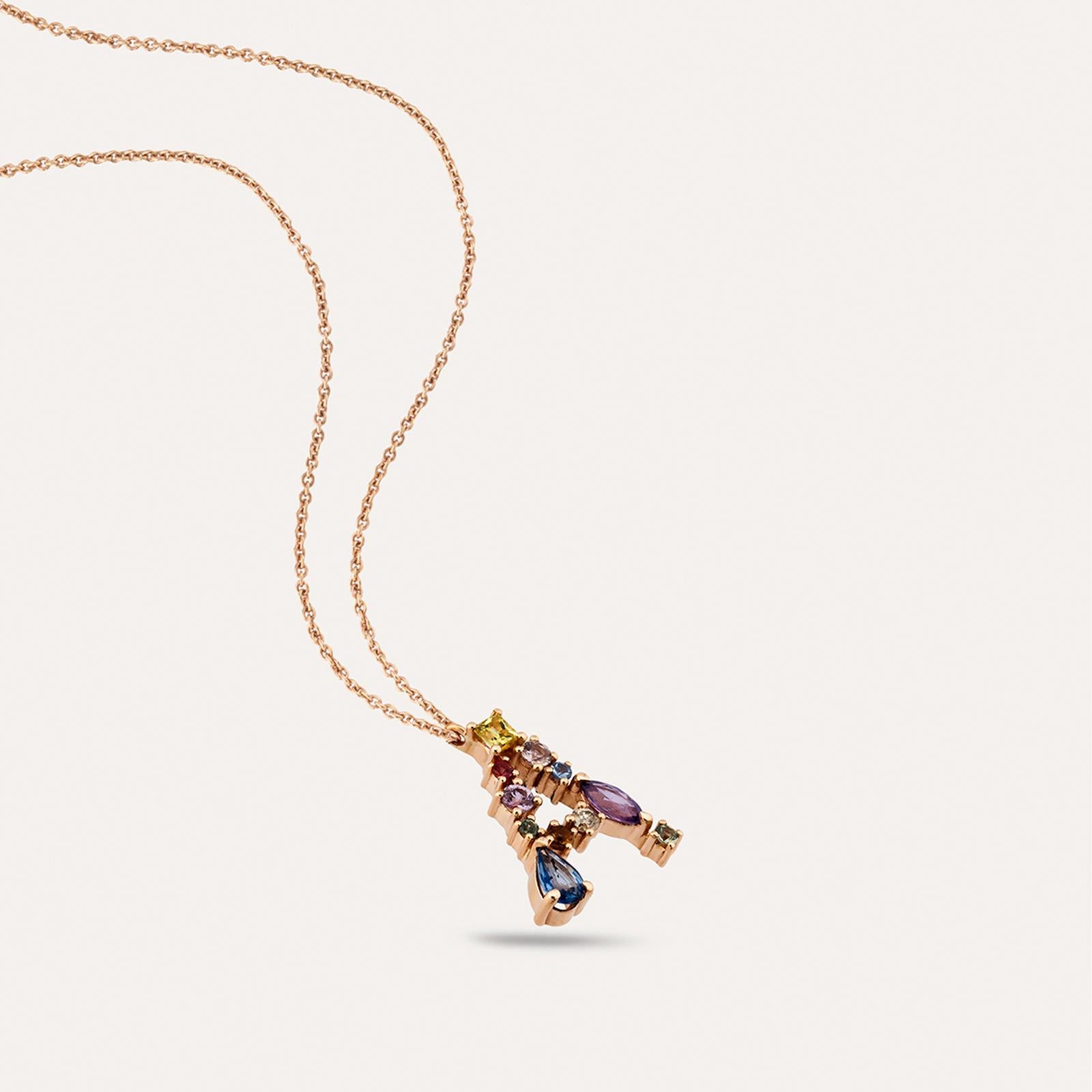 Best Christmas Gift of 2021, Multicolor Stones A Letter Rose Gold Necklace.

Brown Diamond: 	0,04ct.	1 Piece SI Color Round Cut
Multicolor Sapphire: 0,26ct.	1 Piece Pear Cut
Multicolor Sapphire: 0,09ct.	1 Piece Calibre Cut
Multicolor Sapphire: