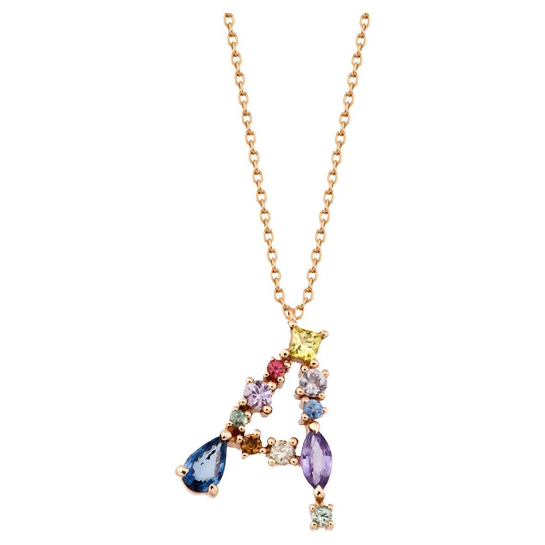 Multicolor Christmas Collection A Letter with Brown Diamonds, Sapphires Necklace For Sale