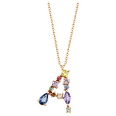 Multicolor Christmas Collection A Letter with Brown Diamonds, Sapphires Necklace
