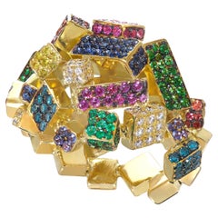 Multicolor Cocktail Ring by Rosior set with Diamonds, Emeralds and Sapphires