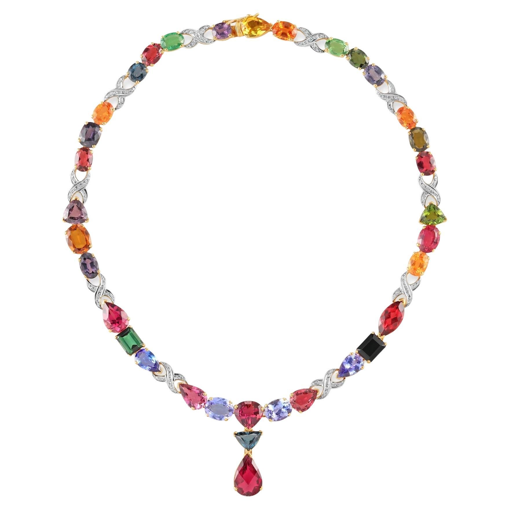 Multicolor Color Stone Multi Cut And Diamond Necklace In 18K Yellow Gold For Sale