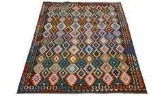 Tappeto contemporaneo in lana Kilim multicolore a trama piatta con motivo geometrico