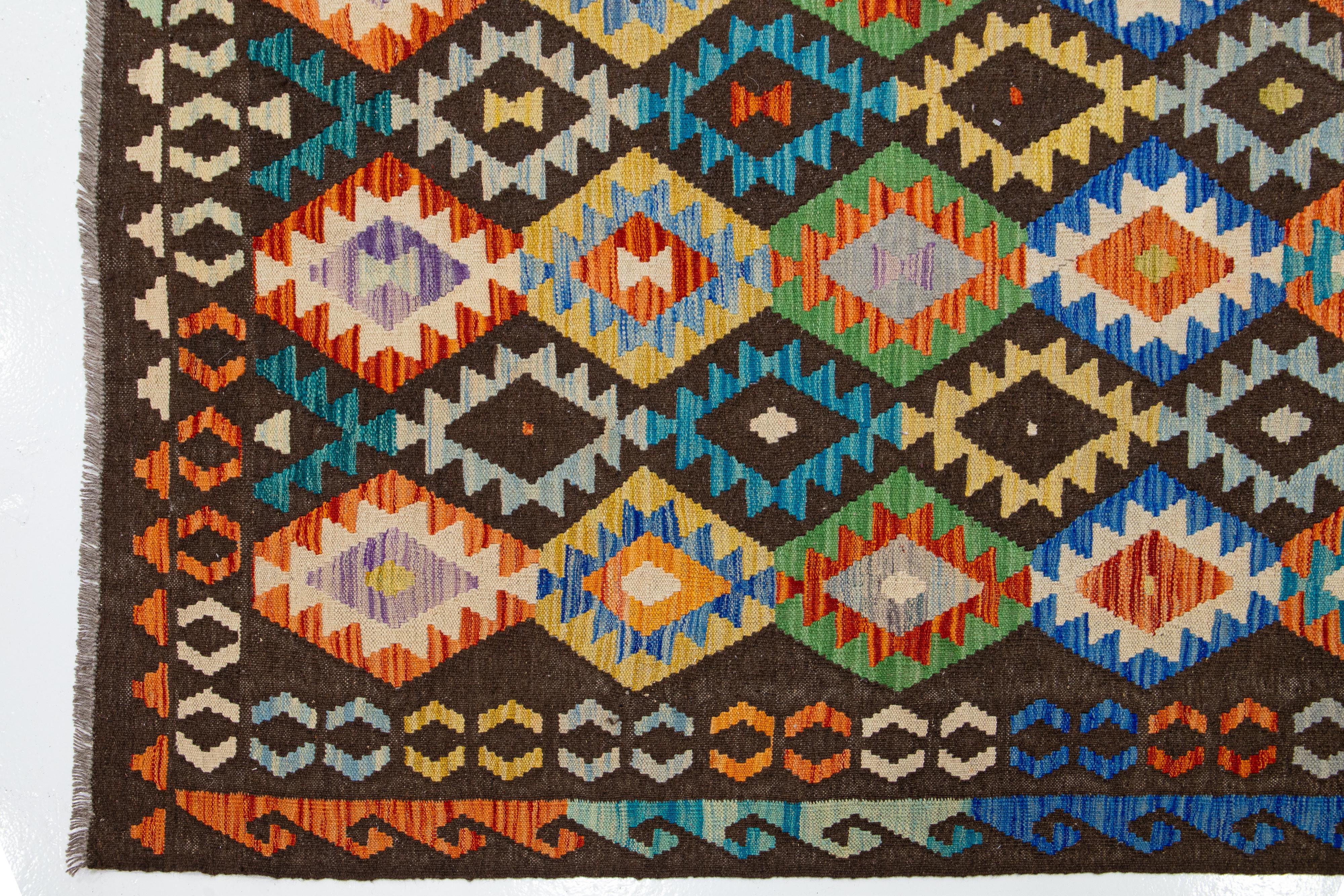 Hand-Knotted Multicolor Contemporary Kilim Wool Rug Flatweave with Geometric Pattern For Sale