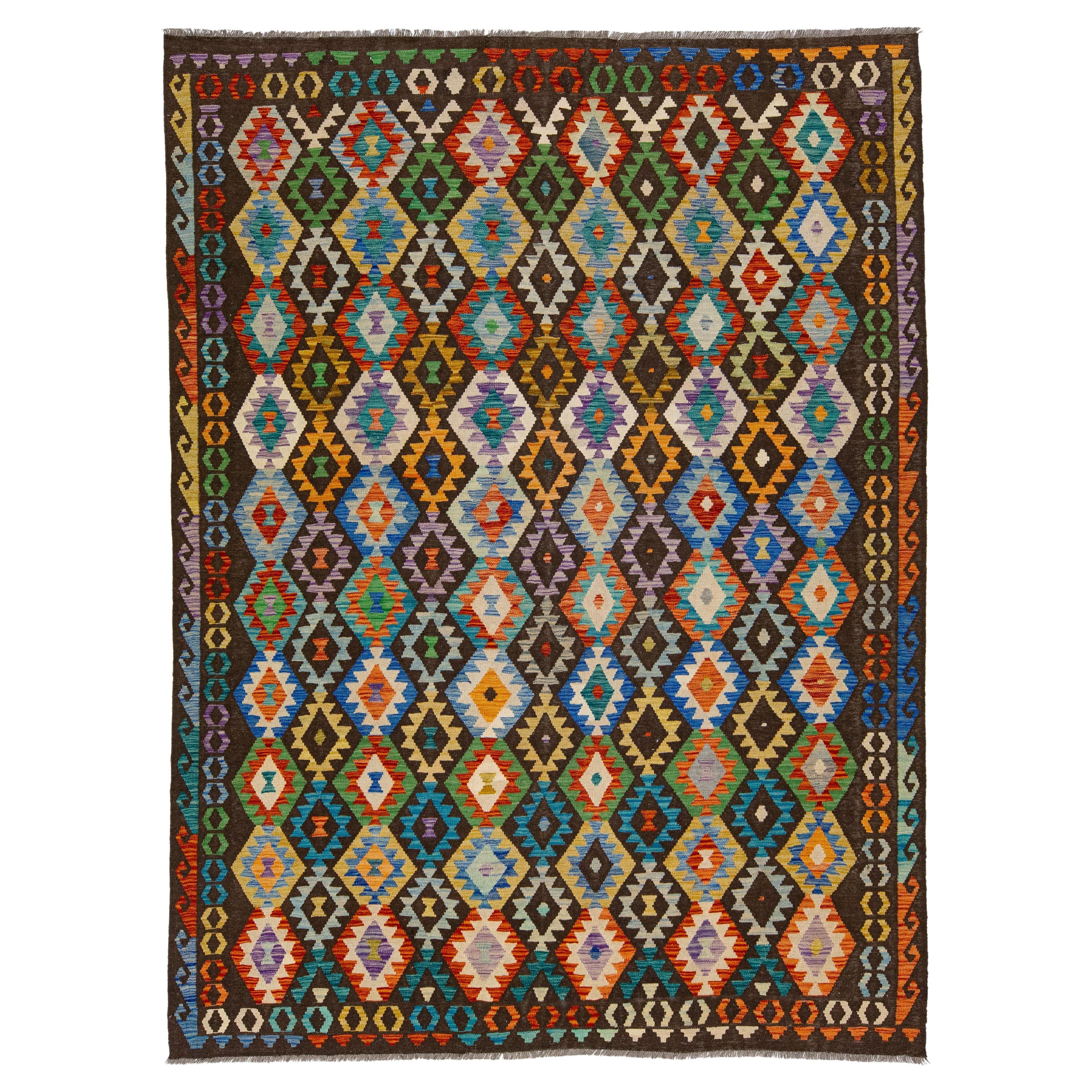 Multicolor Contemporary Kilim Wool Rug Flatweave with Geometric Pattern For Sale