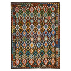 Multicolor Contemporary Kilim Wool Rug Flatweave with Geometric Pattern
