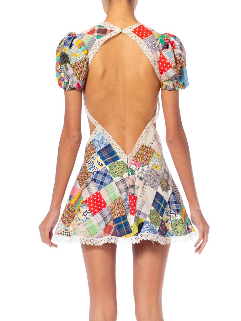 Multicolor Cotton and Vintage Lace Patchwork Quilt Dress For Sale at