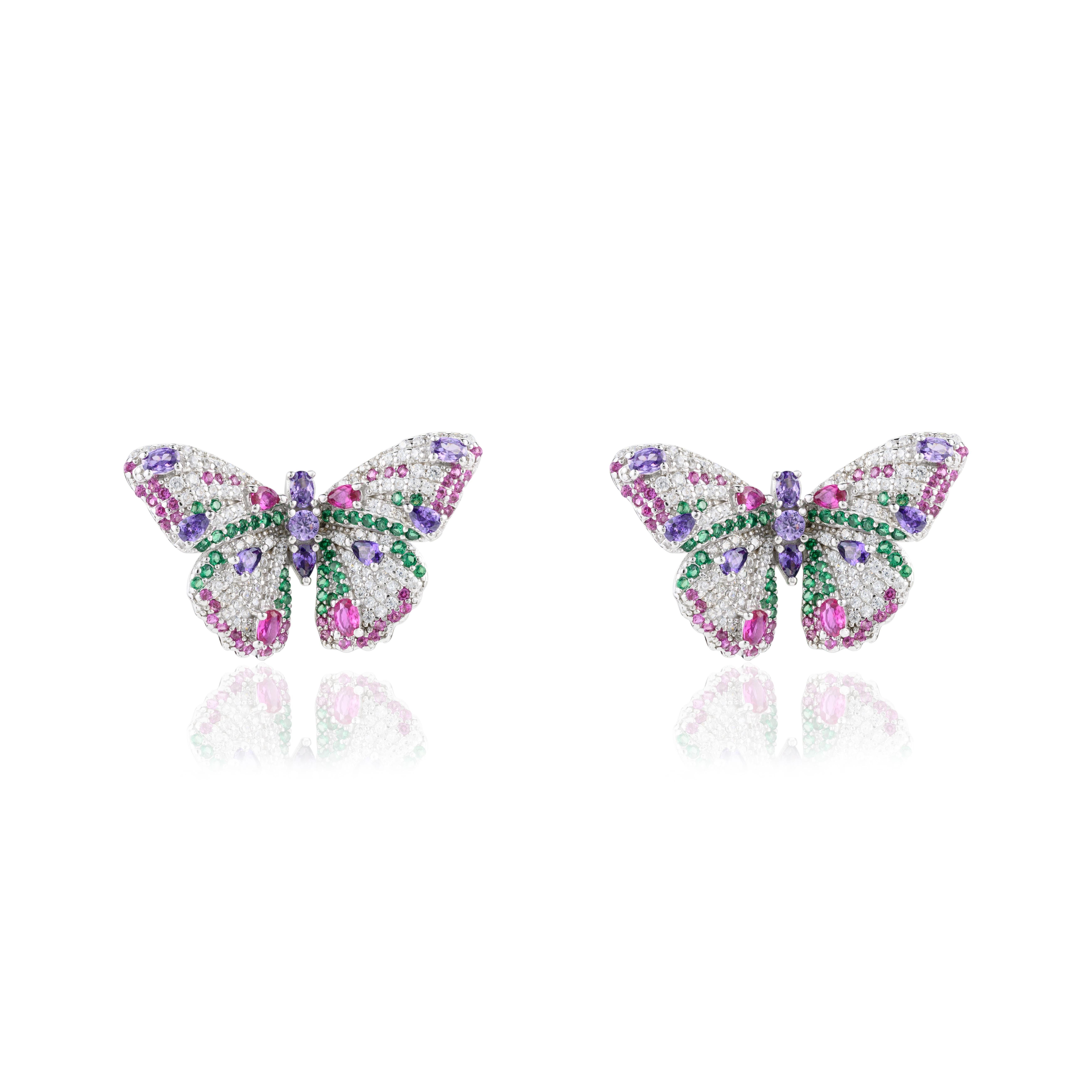 Modern Multicolor Cubic Zirconia Butterfly Stud Earrings for Graduation Gift in Silver For Sale