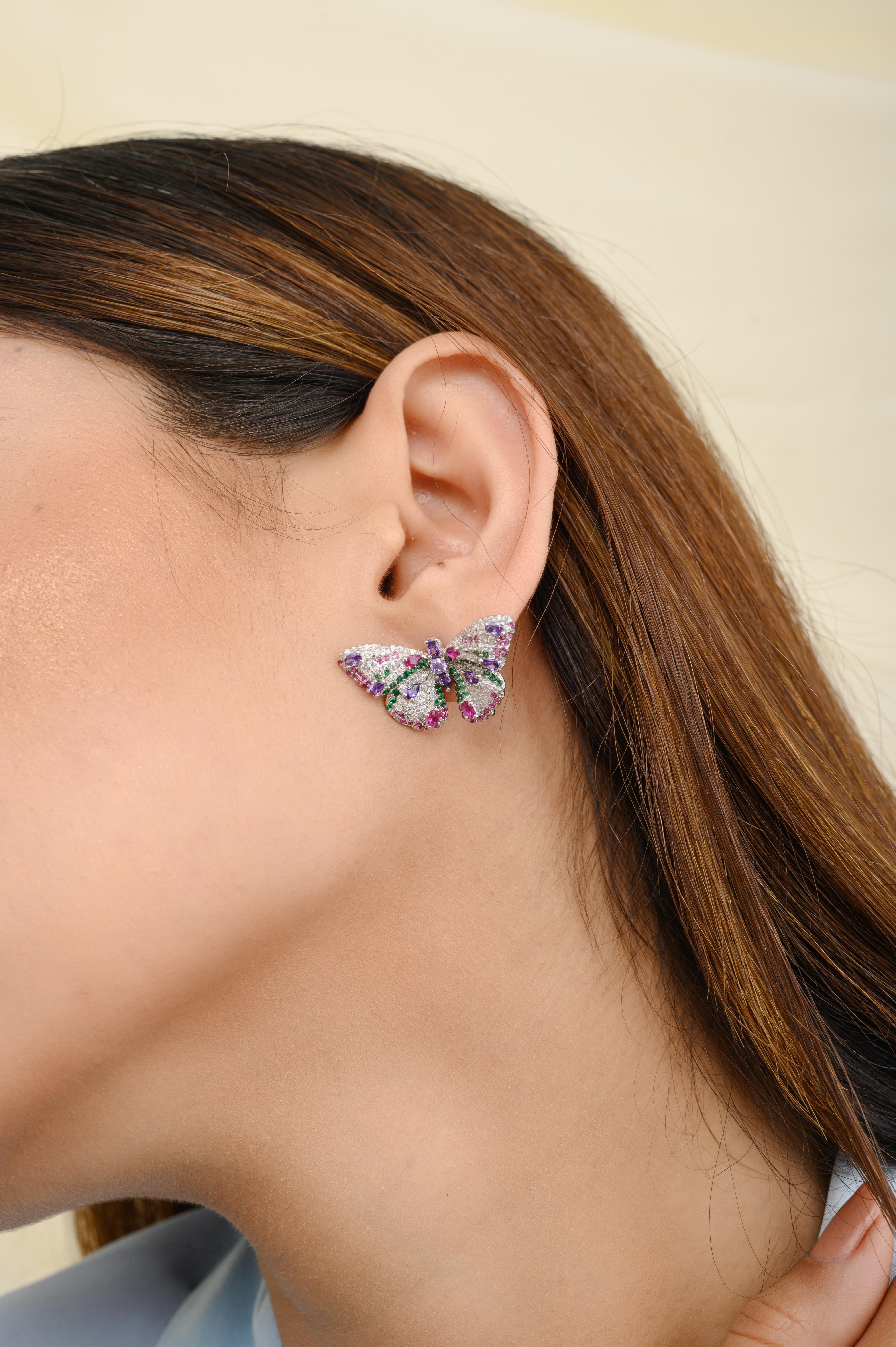 Mixed Cut Multicolor Cubic Zirconia Butterfly Stud Earrings for Graduation Gift in Silver For Sale