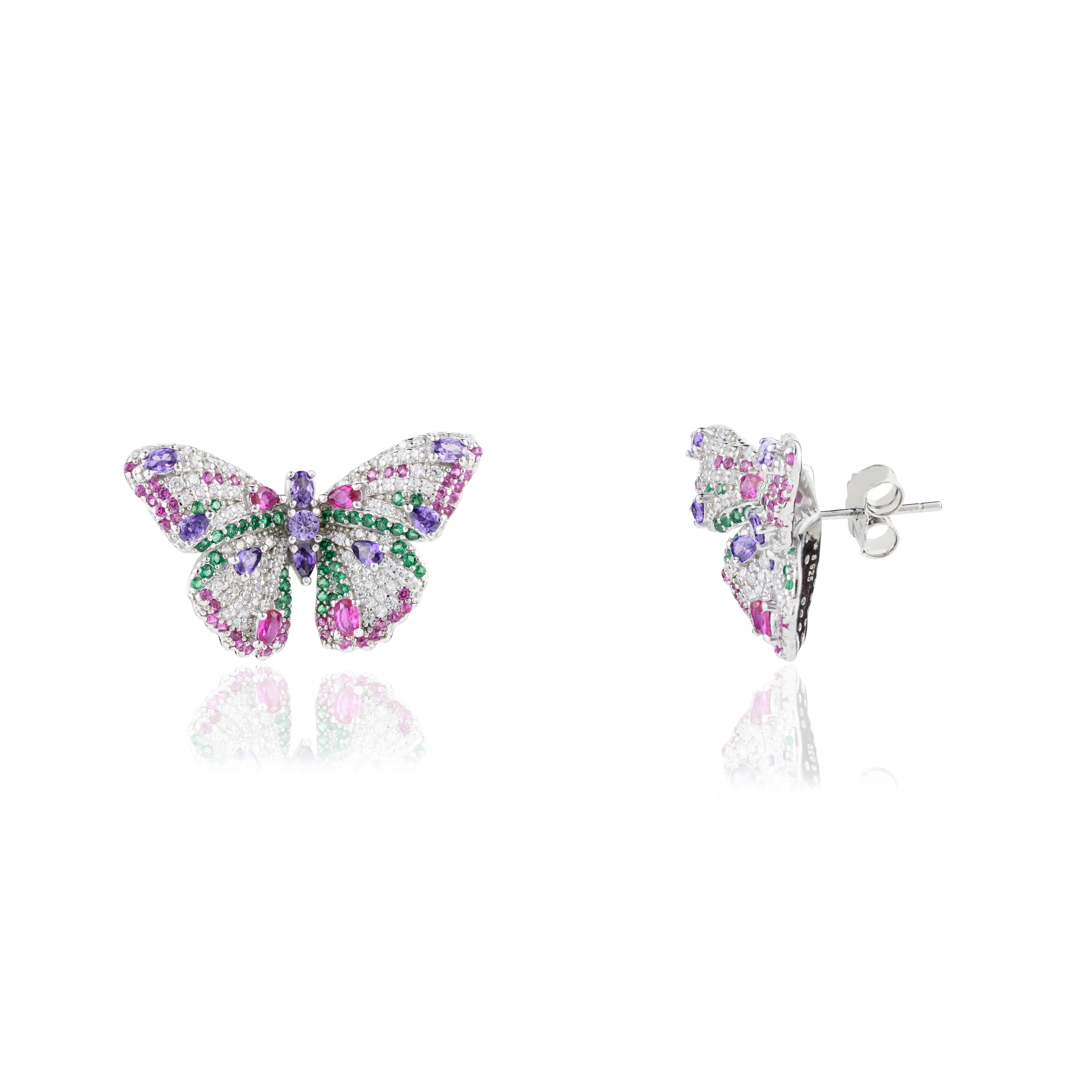 Multicolor Cubic Zirconia Butterfly Stud Earrings for Graduation Gift in Silver In New Condition For Sale In New York, NY