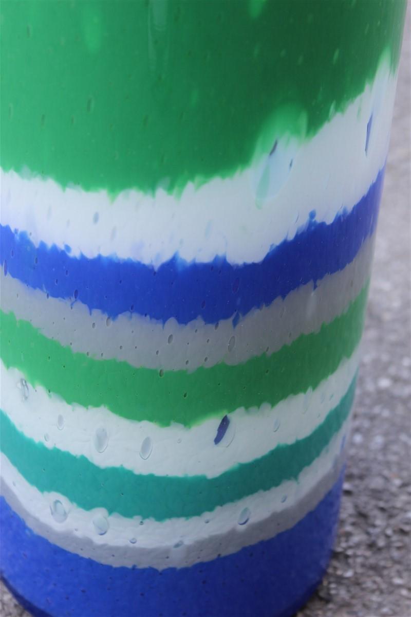 Multi-color cylinder vase Murano glass 1970s Italian design with horizontal bands.
Air bubbles inside.