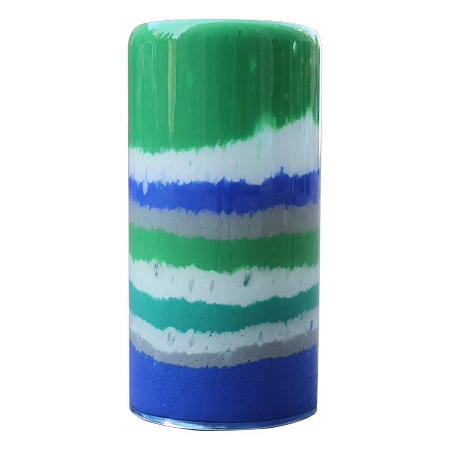 Vase cylindrique multicolore en verre de Murano de conception italienne avec bandes horizontales en vente