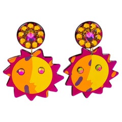 Multicolor Dangling Clip-on Earrings Playful Jeweled Resin Sun