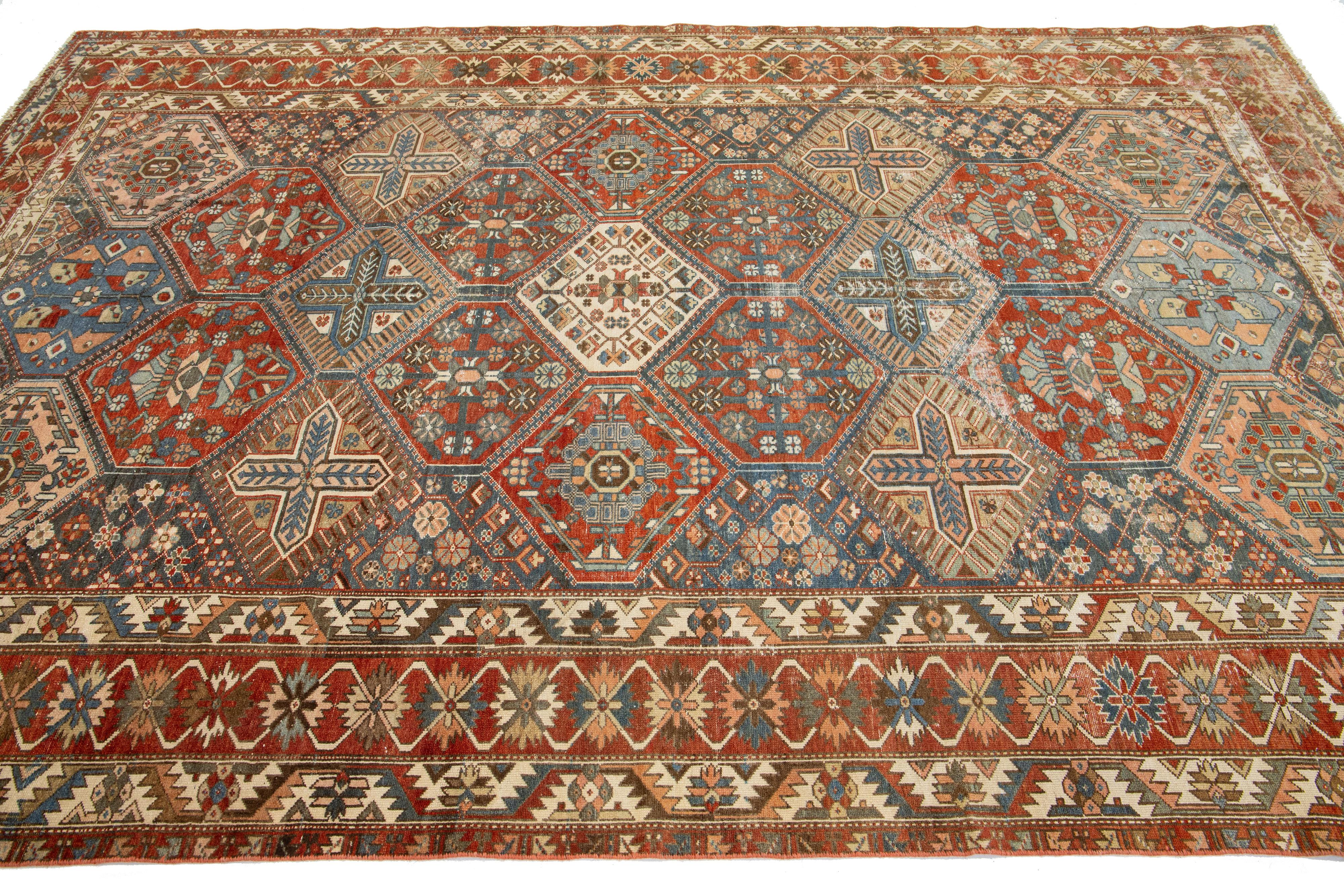 Hand-Knotted Multicolor Designed Persian Bakhtiari Wool Rug Handmade From The 1920s For Sale