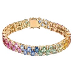 20.86ct Pear Multicolor Sapphire & Diamond Yellow Gold Tennis Bracelet