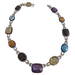 Mehrfarbiger, Diamant-Amethyst, Blautopas, Citrin, Fancy-Saphir-Halskette 18 K