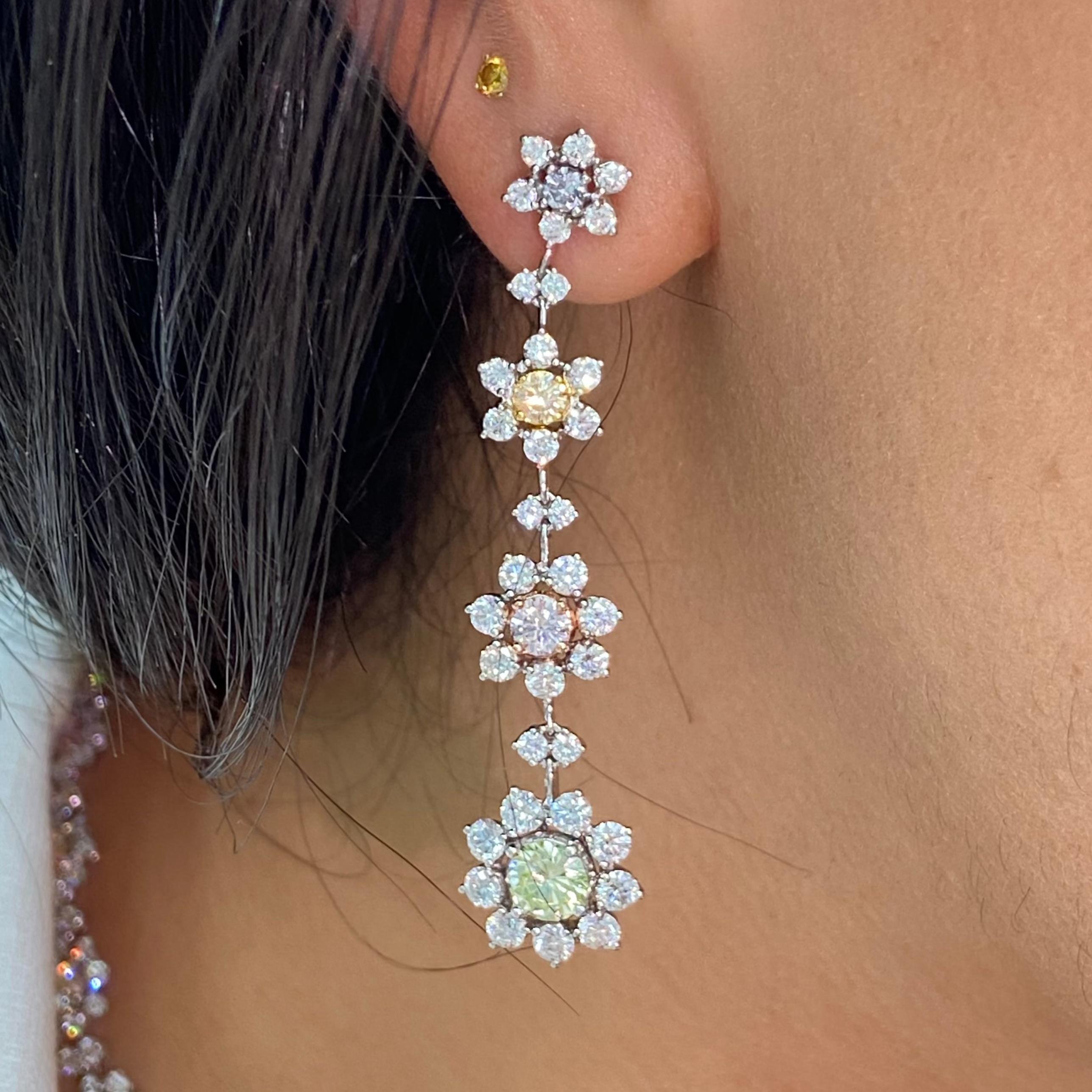 Round Cut Rare Colors - Multicolor Diamond Flower Drop Earrings For Sale