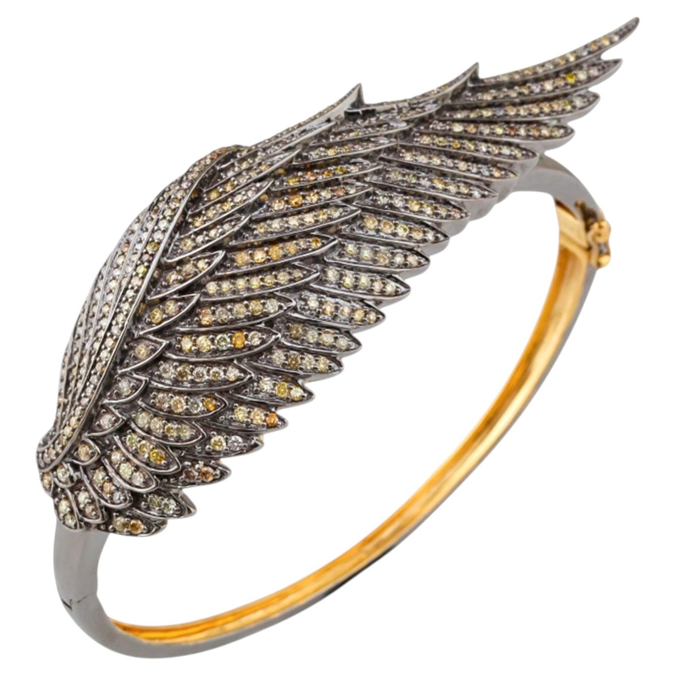 Multicolor Diamond Wing Bangle Bracelet 2.7 Carats For Sale