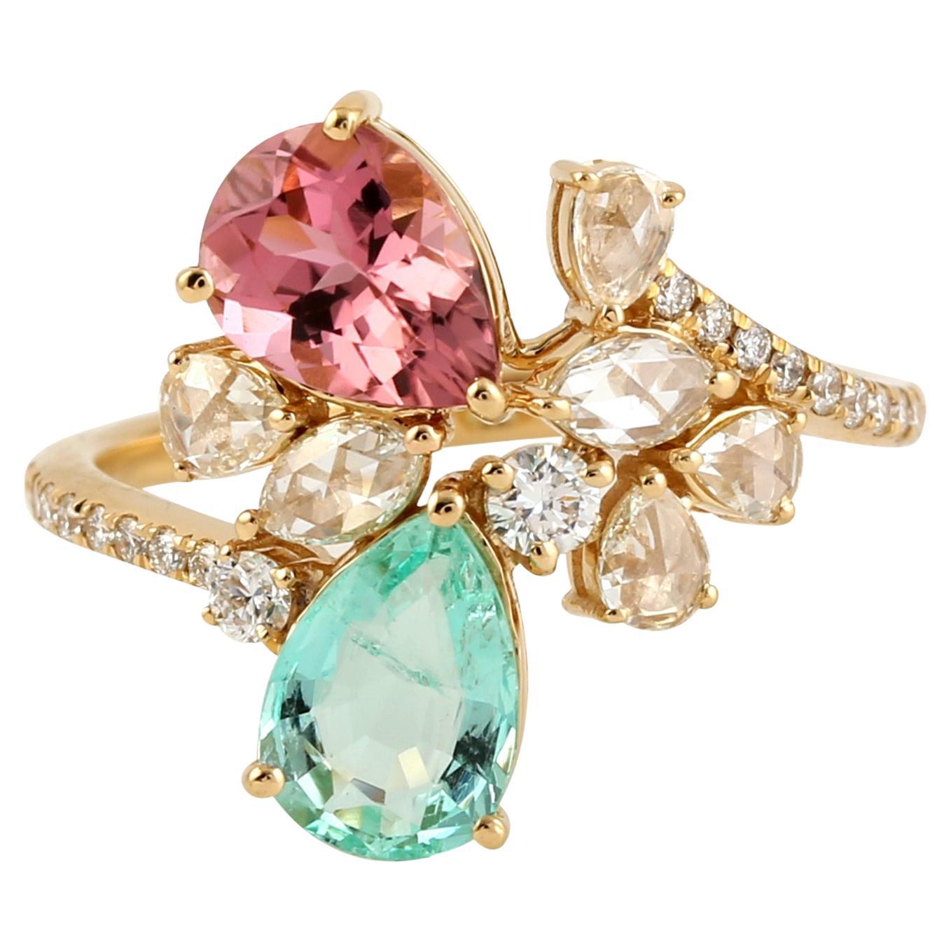 Pear Shaped Emerald & Tourmaline Ring With Rosecut Diamonds In 18k Yellow Gold