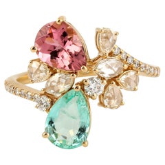 Pear Shaped Emerald & Tourmaline Ring With Rosecut Diamonds In 18k Yellow Gold