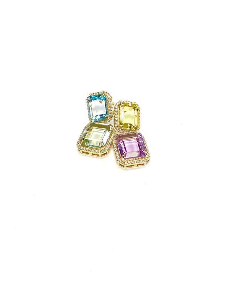 4 Steine Multicolor-Ohrringe mit Smaragdschliff und Diamant aus 18k Gelbgold, aus der 'Gossip' Kollektion

 Größe der Steine - 16 x 12 mm und 12 x 10 mm.

Edelstein Gewicht: 29,40 Karat

Diamant: G-H / VS, Ungefähres Gewicht: 1.14 Karat
