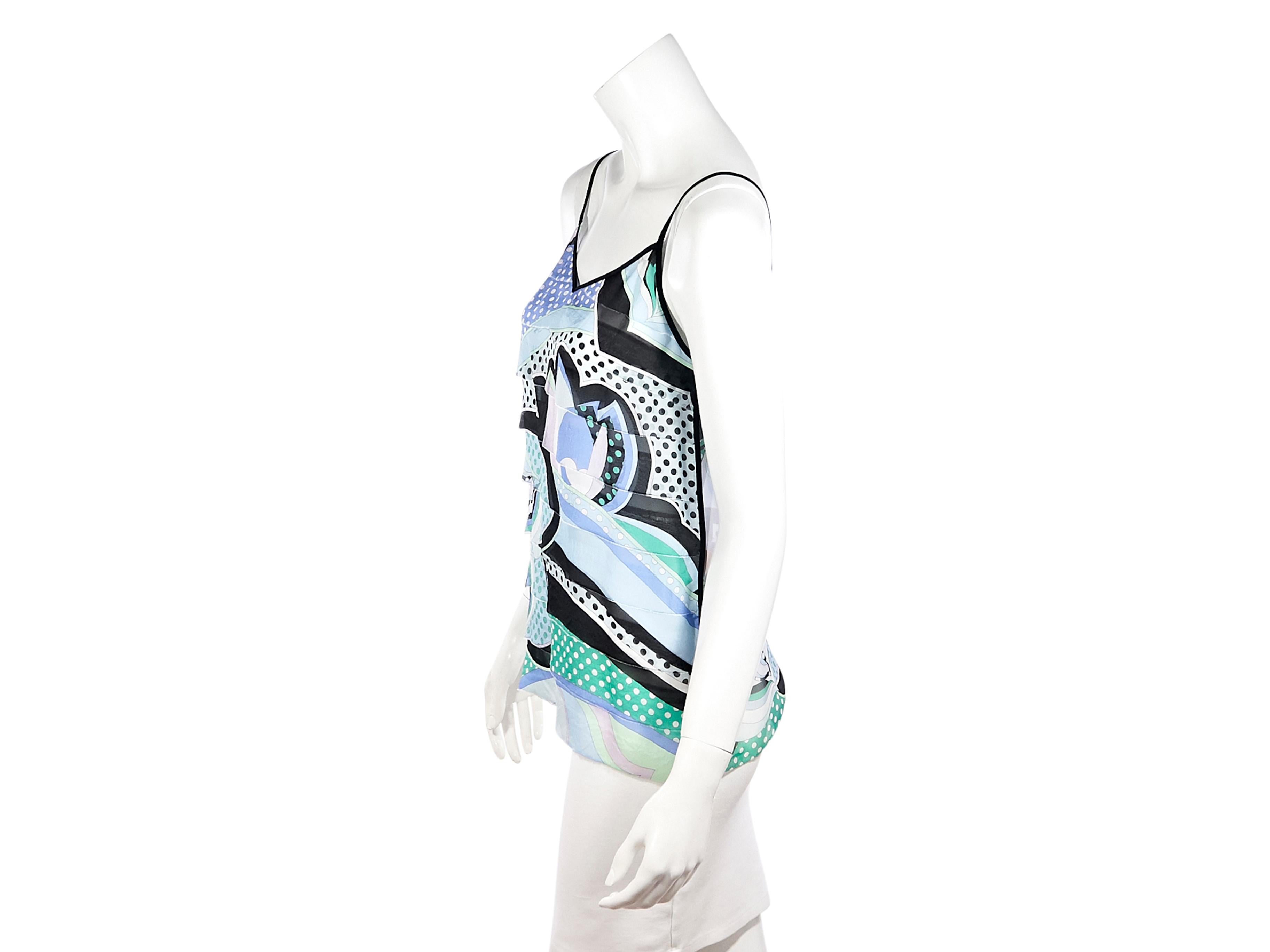 Product details:  Multicolor silk printed top by Emilio Pucci. Sleeveless.  Abstract-print. Scoop neck. Pullover style.  The neckline leaves enough room for a short necklace. 32
