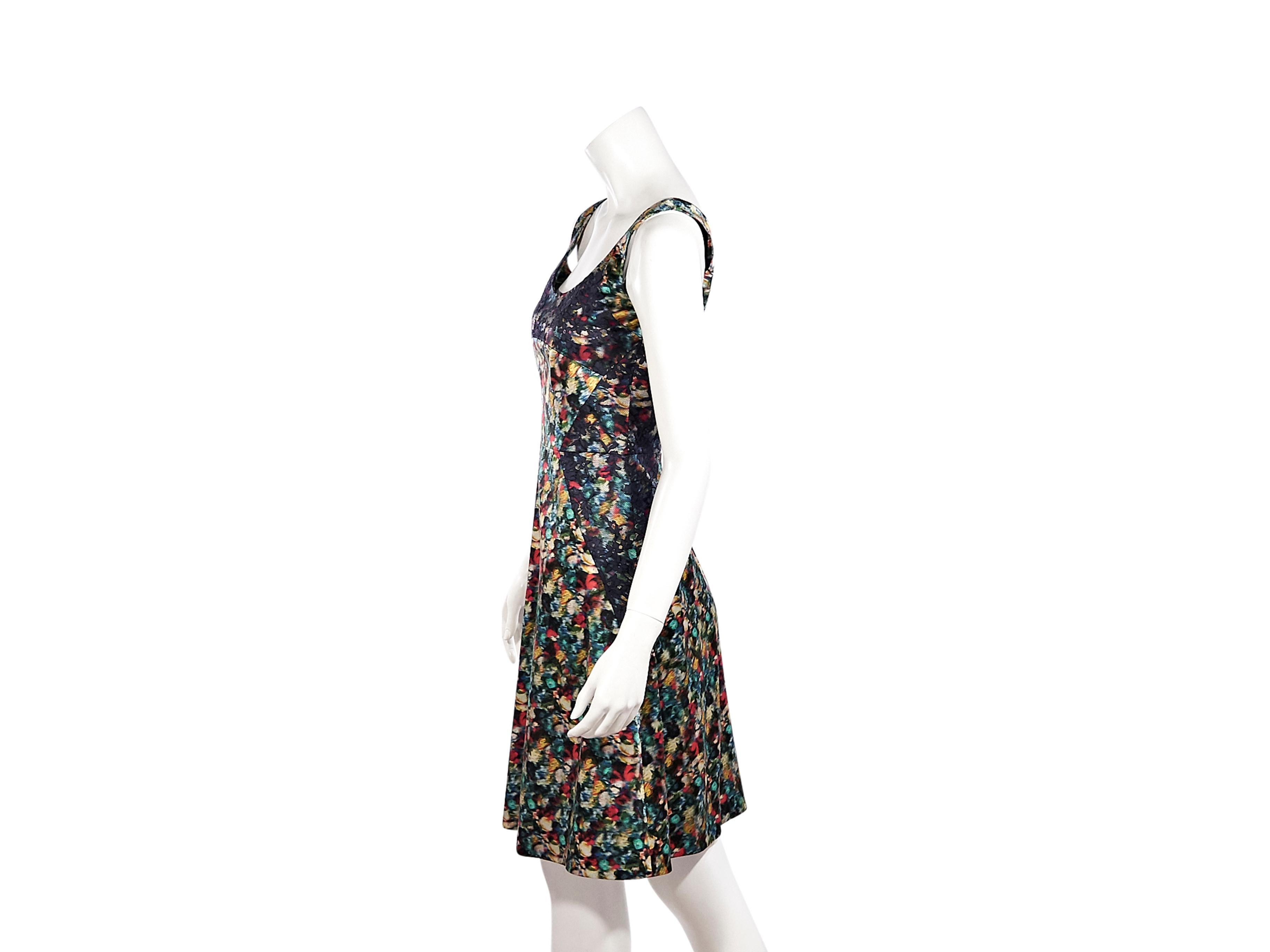 Product details:  Multicolor printed silk fit-and-flare dress by Erdem.  Trimmed with lace.  Scoopneck.  Sleeveless.  Concealed back zip closure.  34