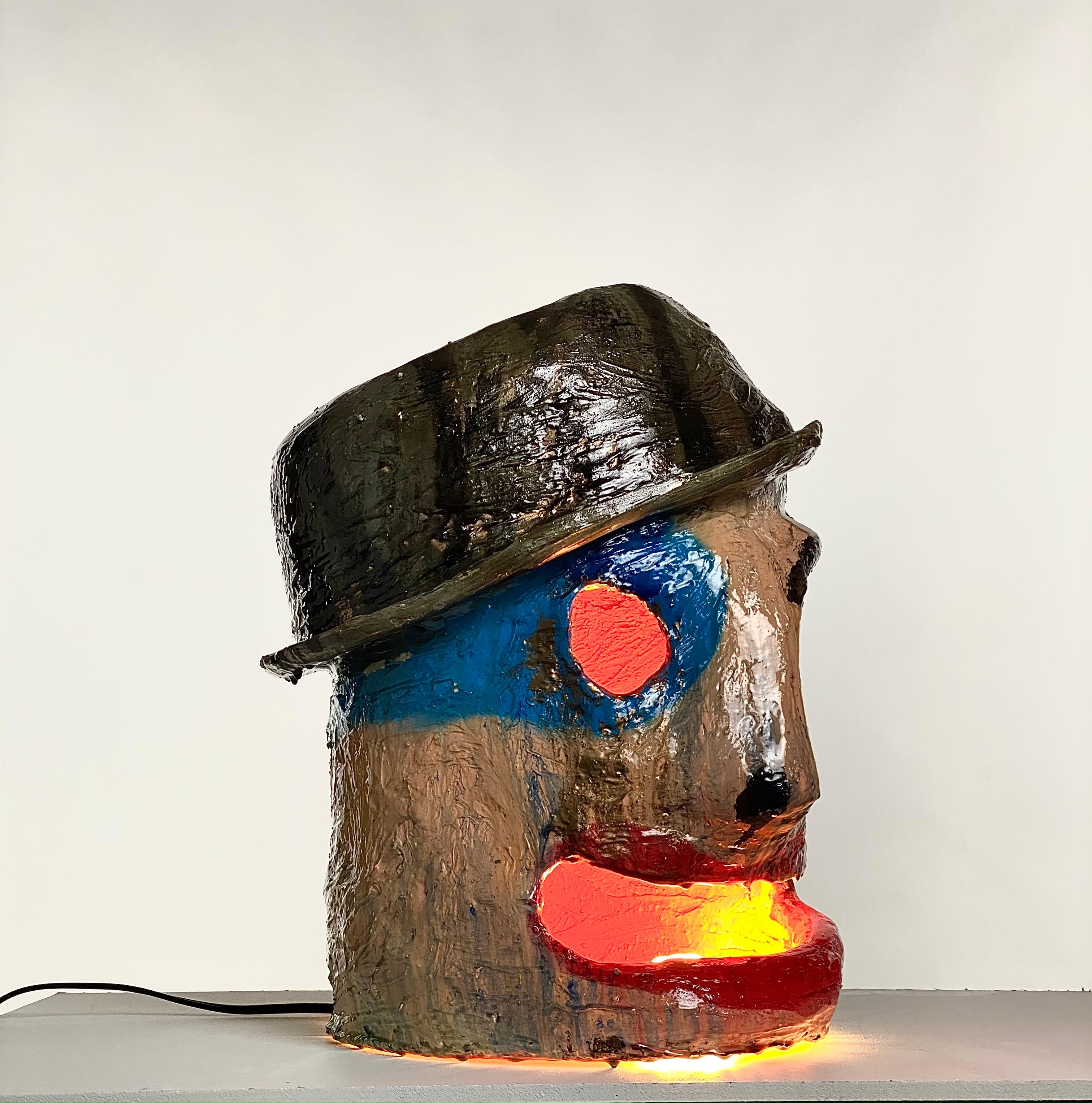 American Multicolor Face Sculptural Plaster Table Lamp, 21st Century by Mattia Biagi For Sale