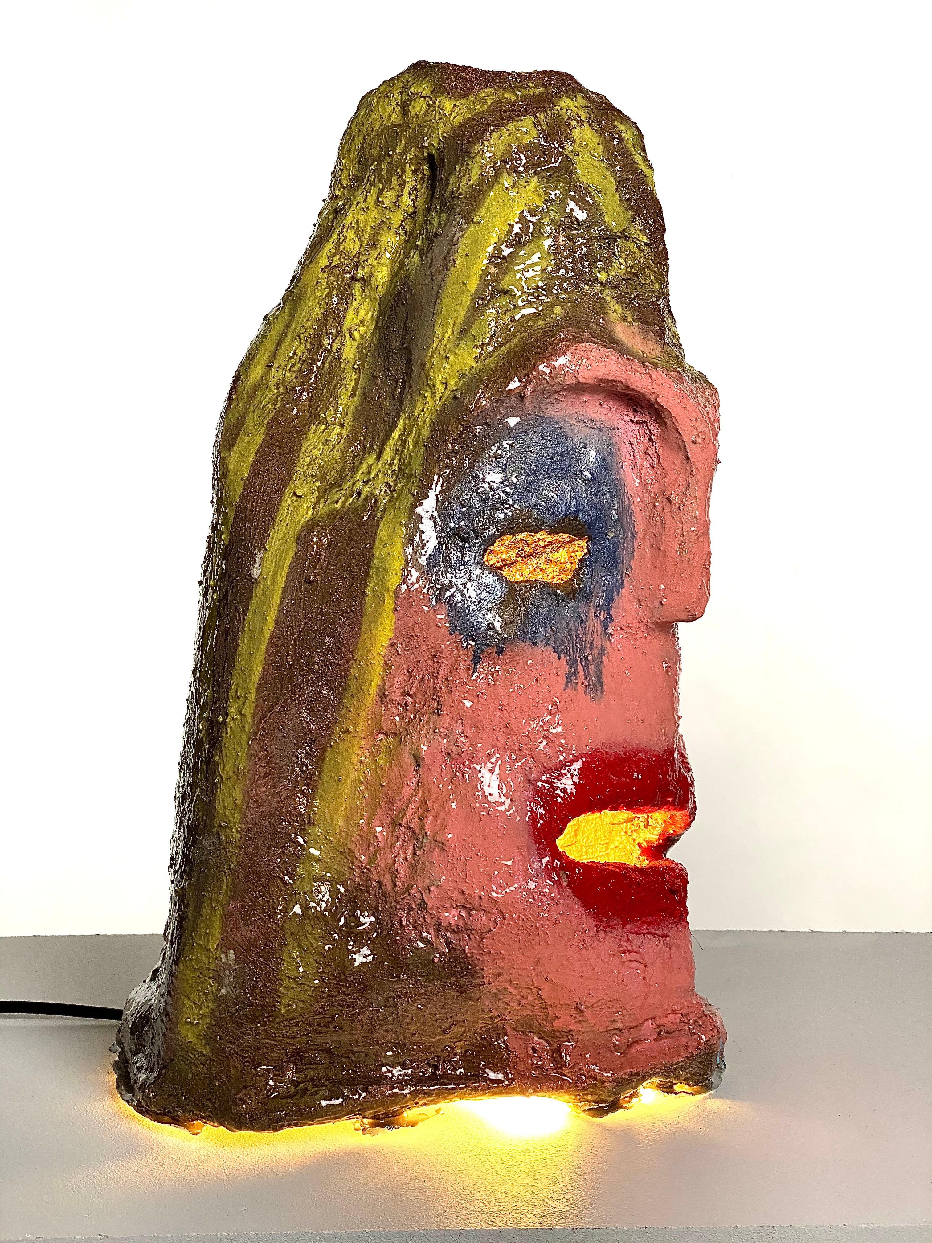 American Multicolor Face Sculptural Plaster Table Lamp, 21st Century by Mattia Biagi For Sale