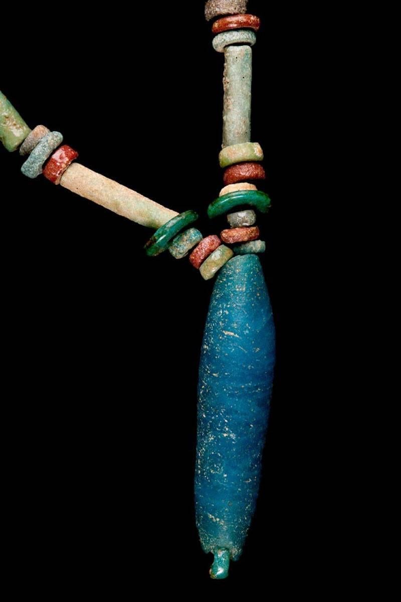 Multicolor Faience Bead Necklace with Blue Long Amulet In New Condition In Nuevo Leon, MX