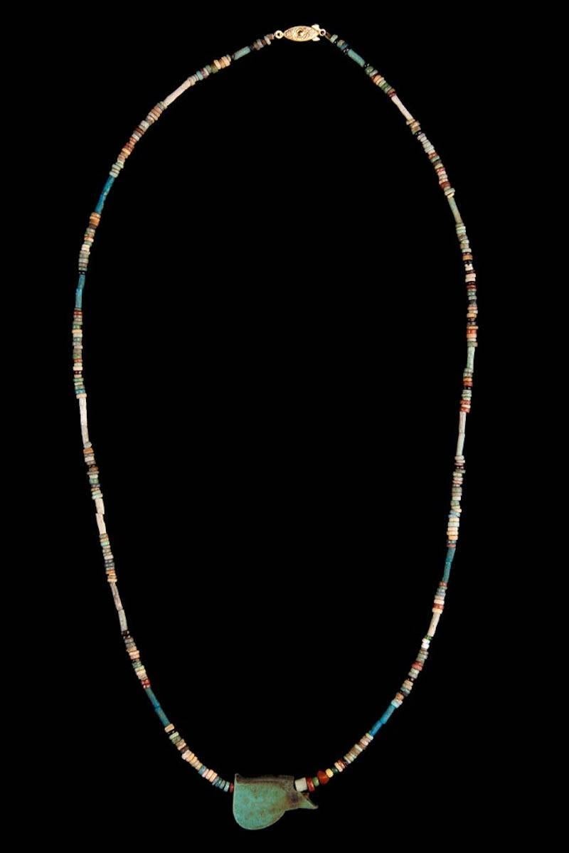 Multicolor Faience Bead Necklace with Olive Green Eye of Ra Amulet In New Condition In Nuevo Leon, MX