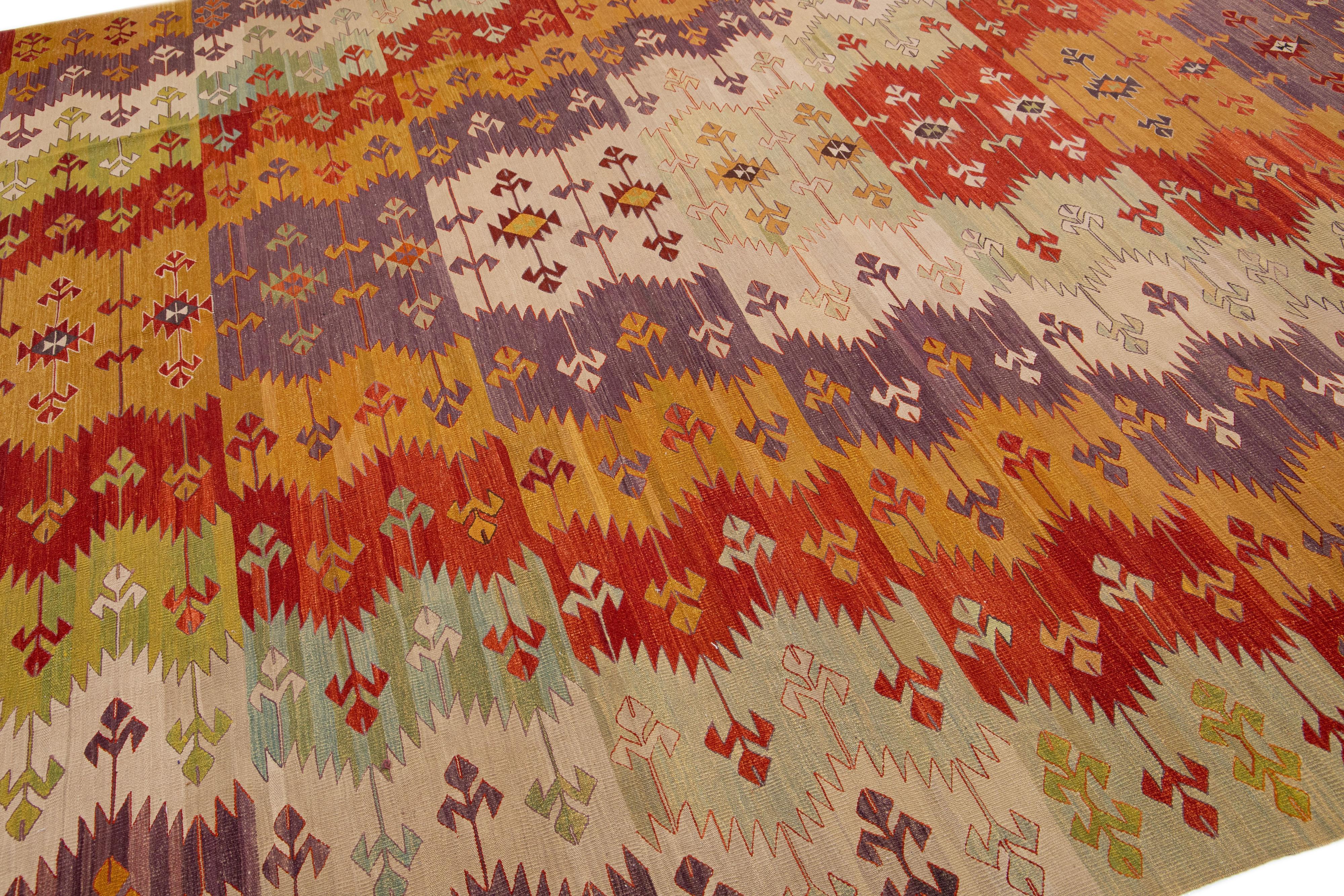 Turkish Multicolor Flatweave Kilim Wool Rug with Modern Geometric Design For Sale