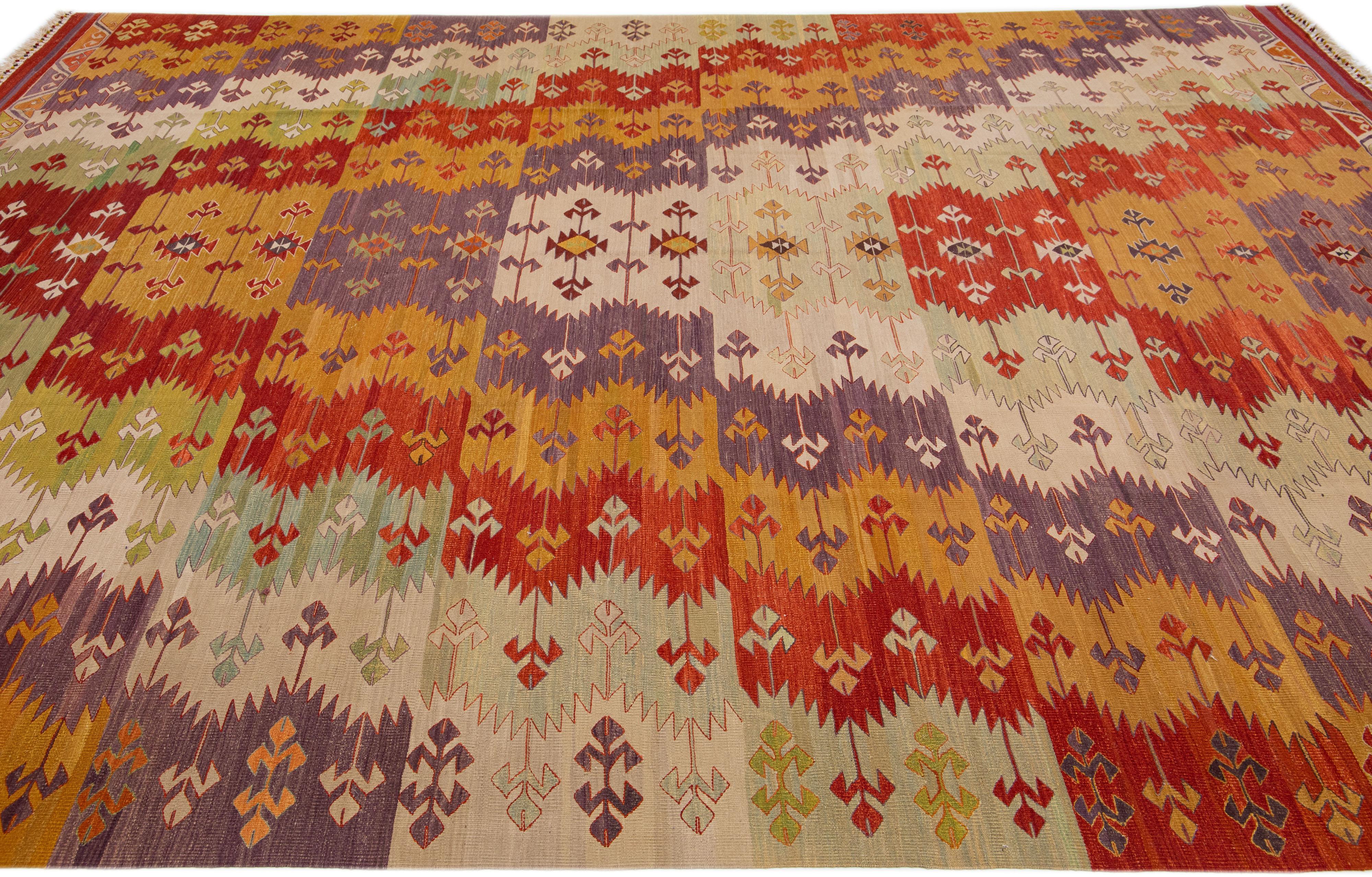 Hand-Knotted Multicolor Flatweave Kilim Wool Rug with Modern Geometric Design For Sale