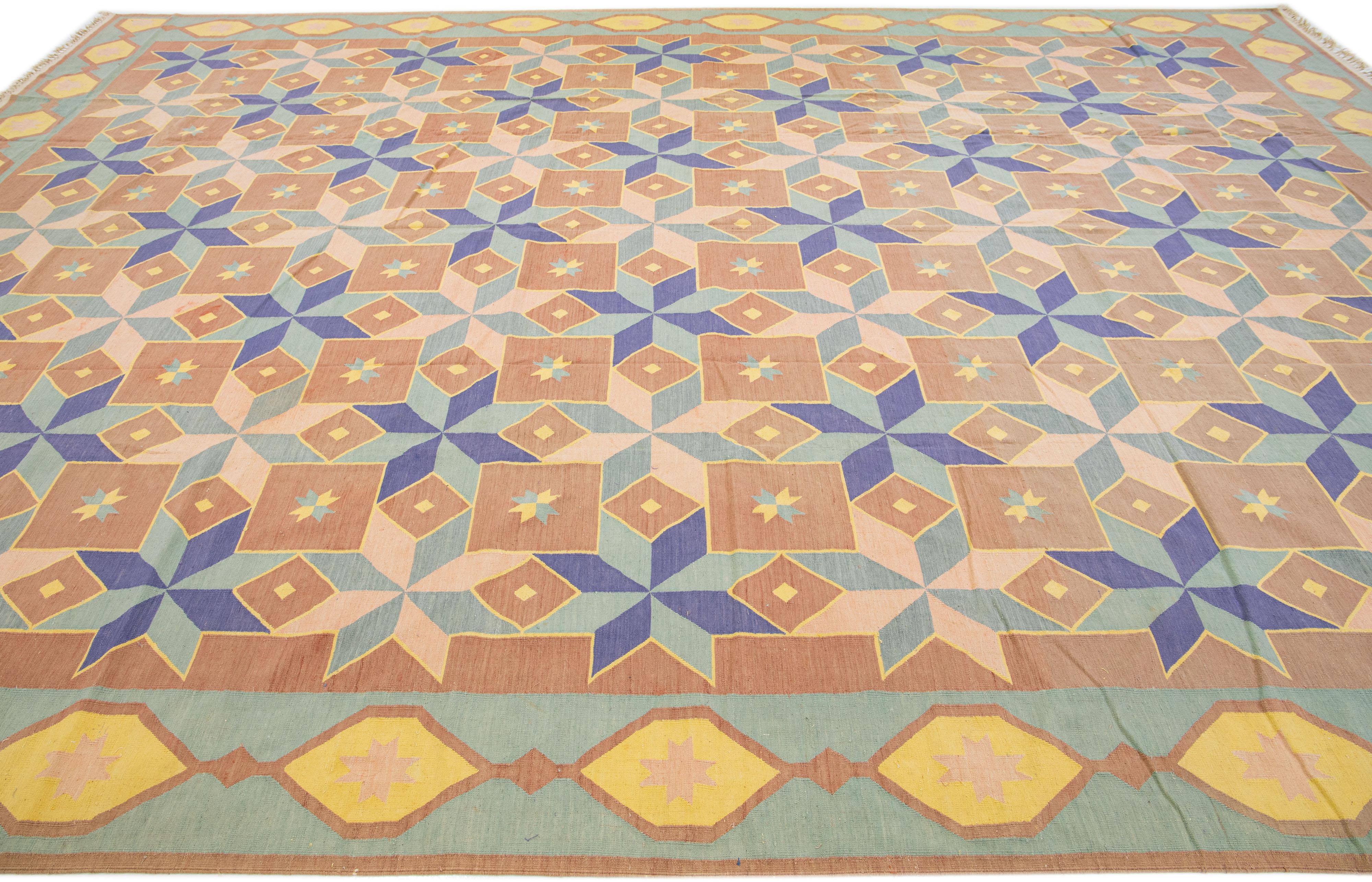 Hand-Knotted Multicolor Flatweave Modern Indian Dhurrie Wool Rug with Geometric Motif For Sale
