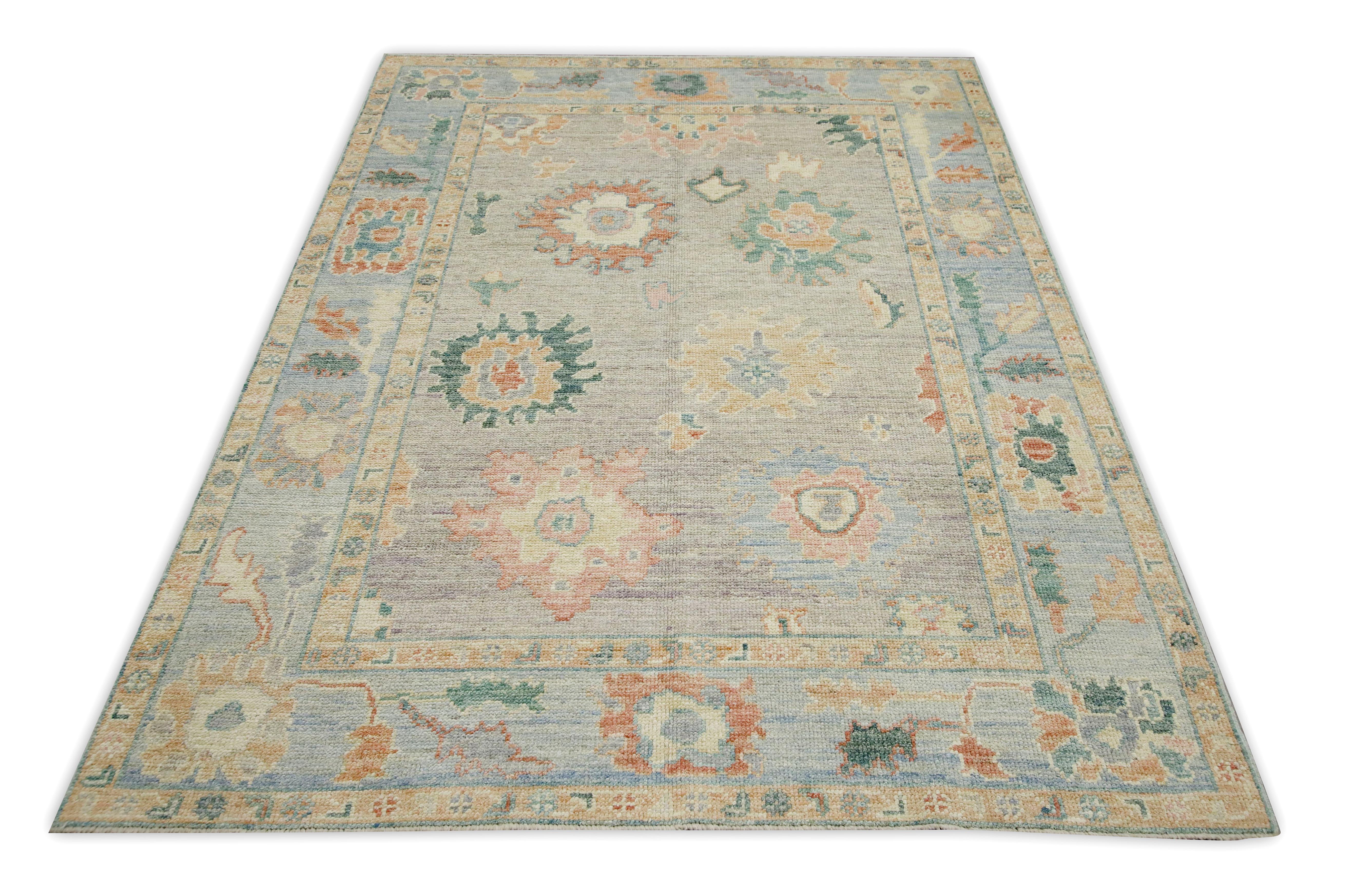 Contemporary Multicolor Floral Design Handwoven Wool Turkish Oushak Rug 4'11