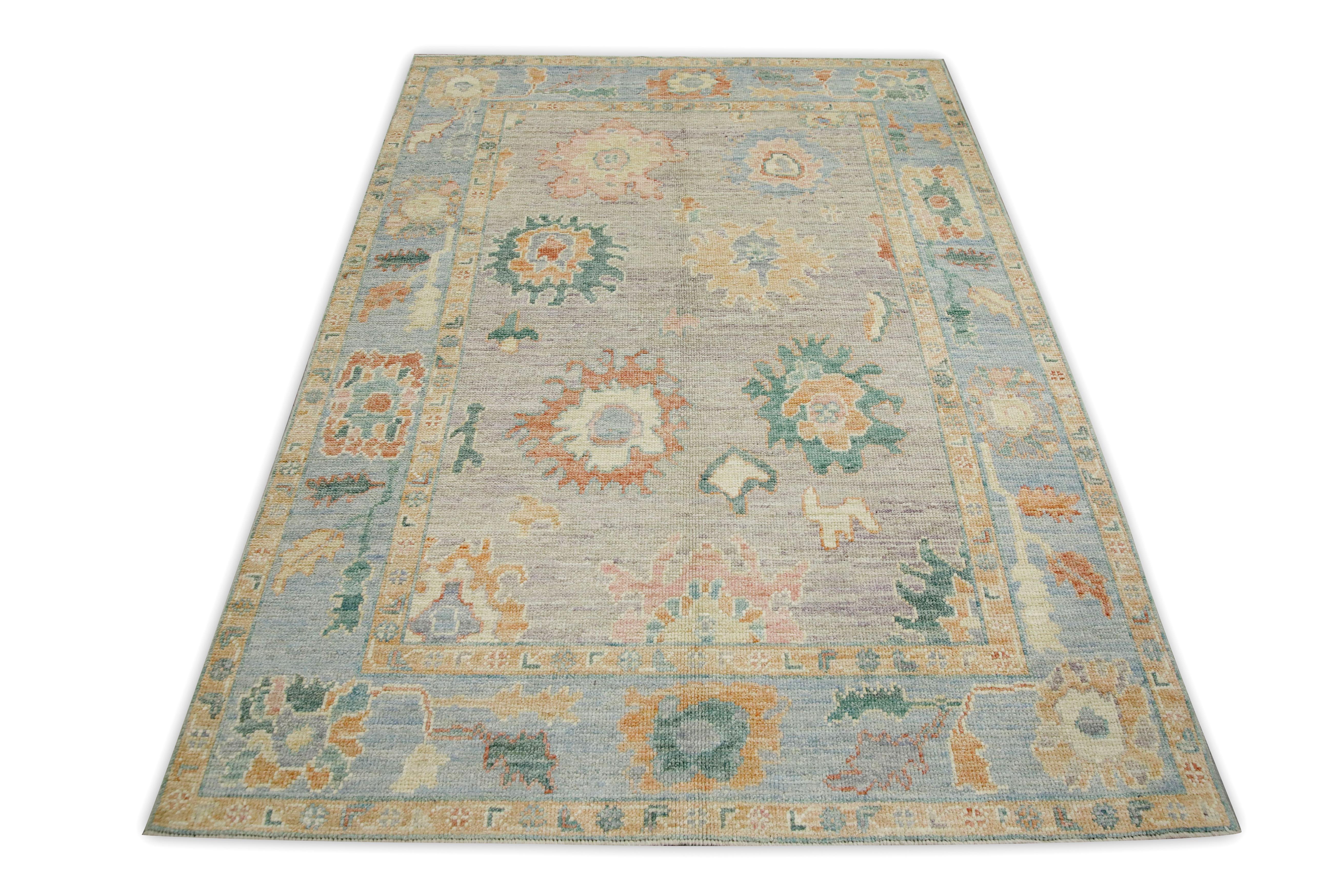 Contemporary Multicolor Floral Design Handwoven Wool Turkish Oushak Rug 5' x 6'11