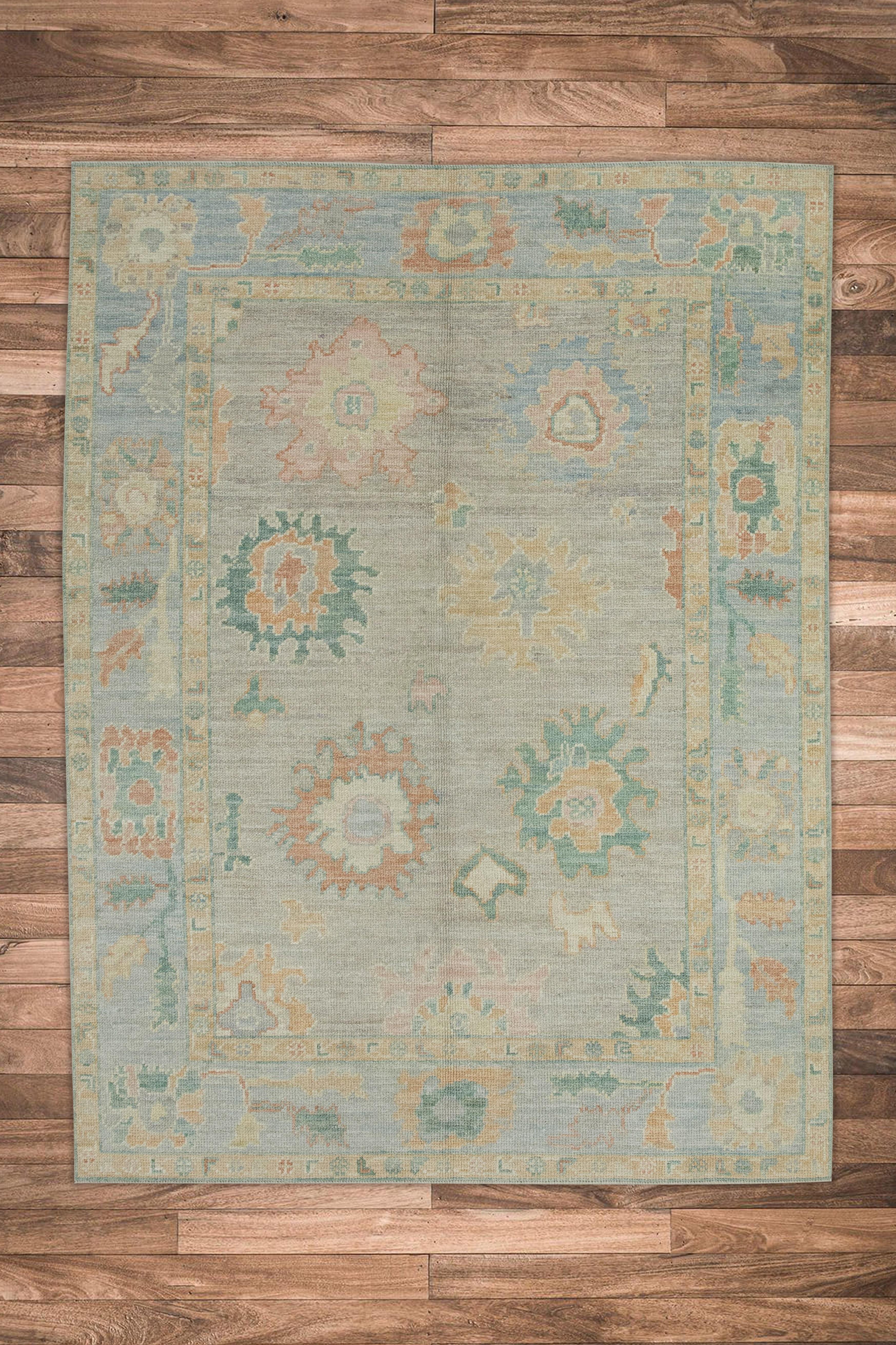 Multicolor Floral Design Handwoven Wool Turkish Oushak Rug 5' x 6'8