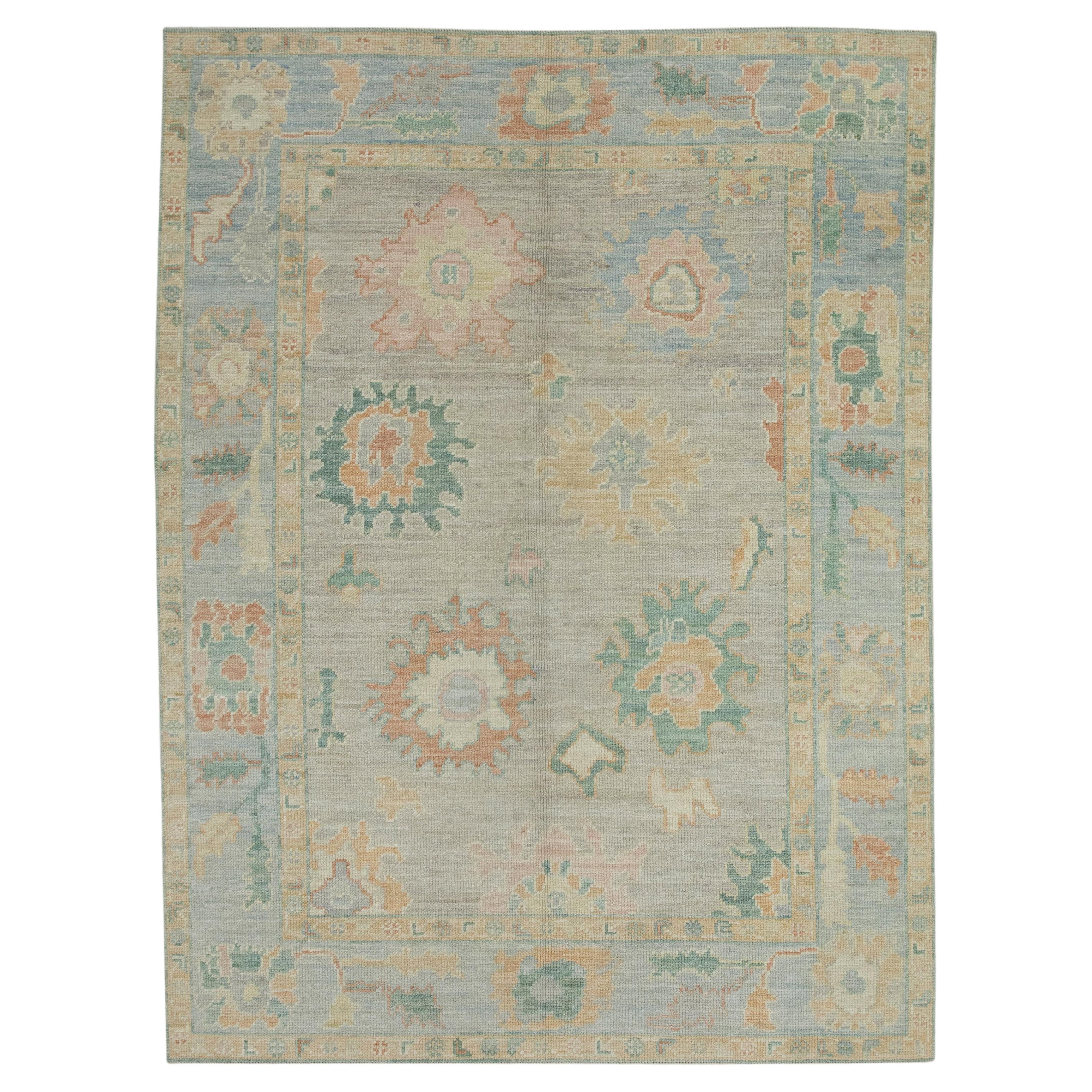 Tapis turc Oushak en laine multicolore à design floral tissé à la main 5' x 6'8"