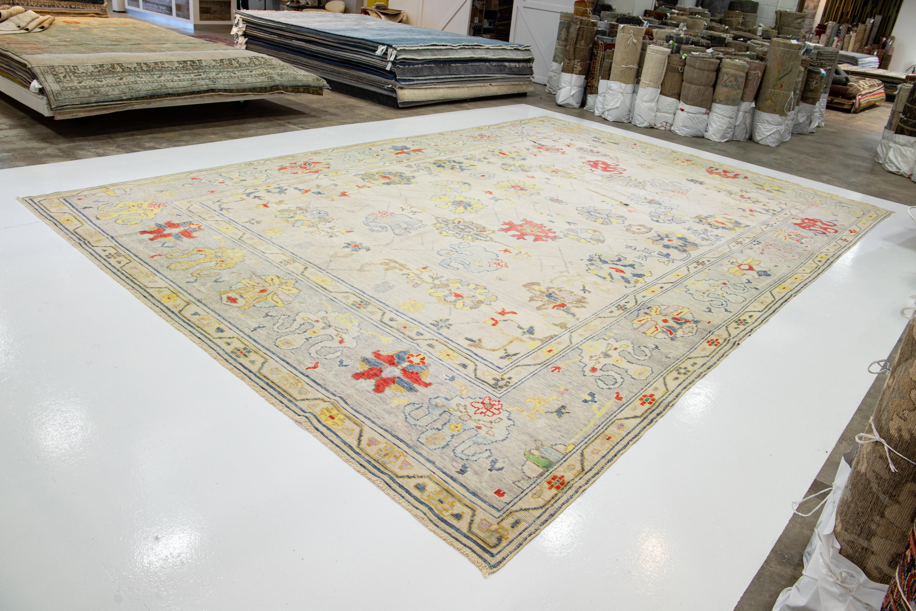 Turkish Multicolor Floral Oushak Modern Wool Rug Handmade in Beige For Sale