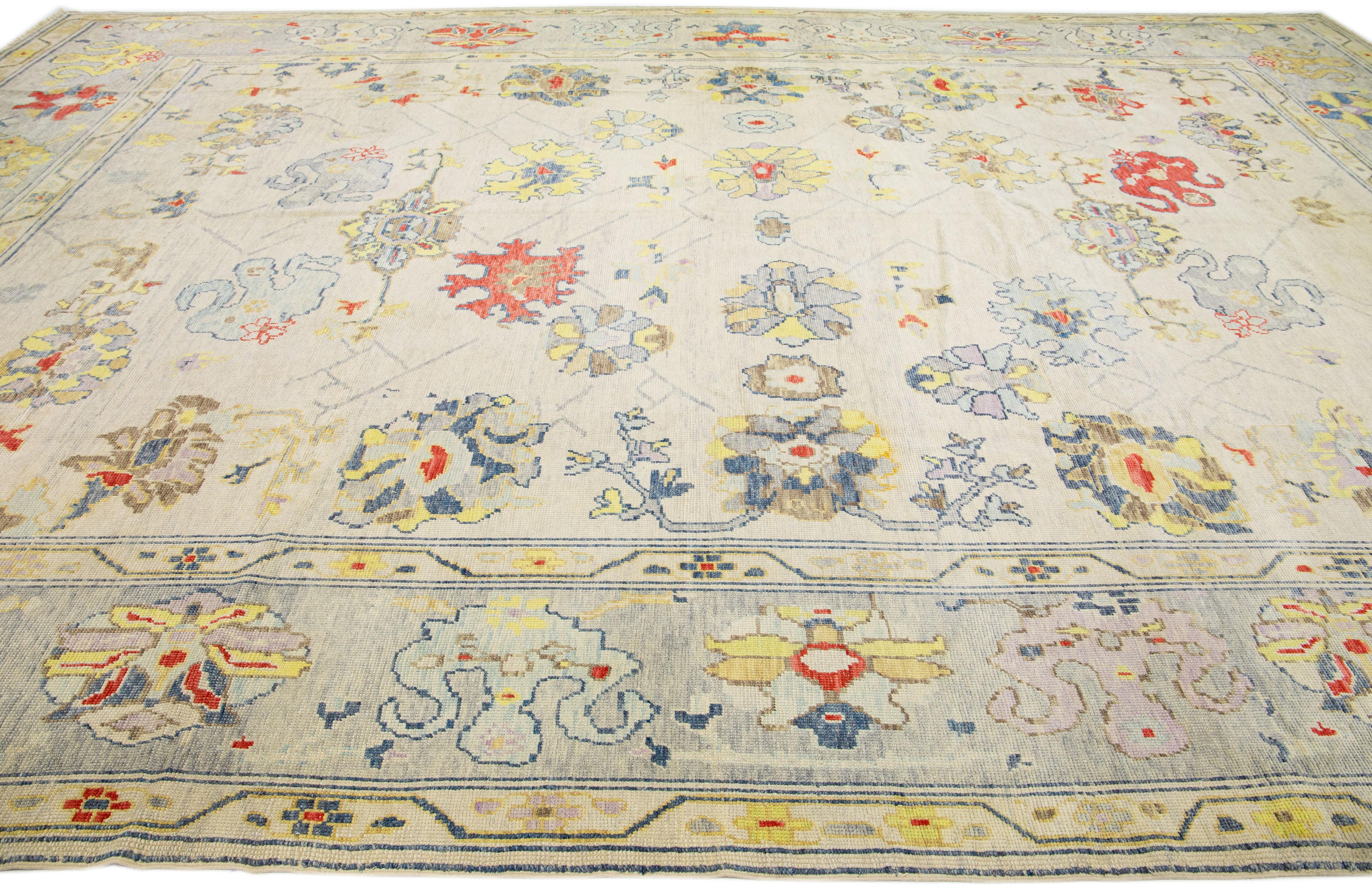 Hand-Knotted Multicolor Floral Oushak Modern Wool Rug Handmade in Beige For Sale