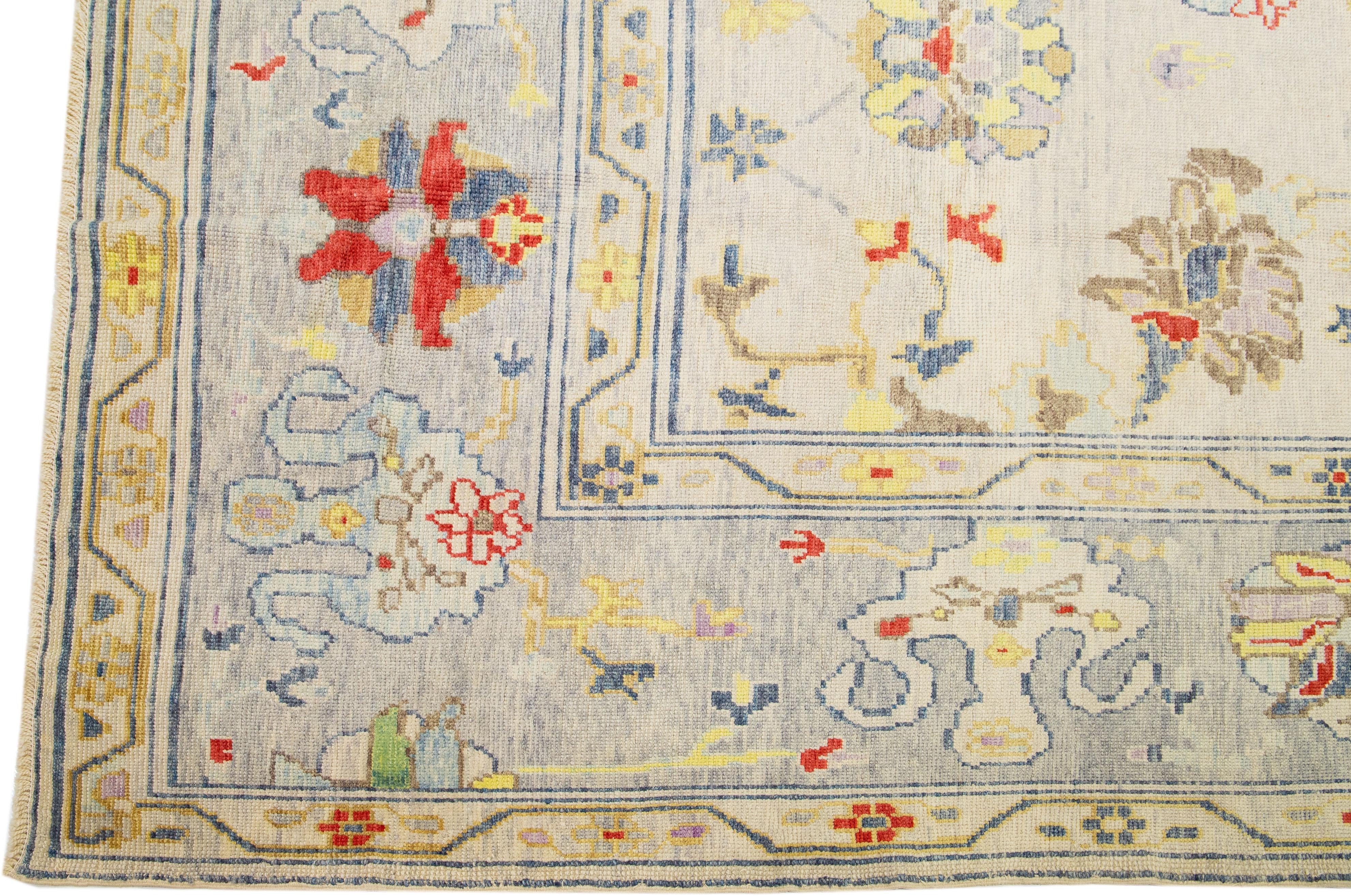 Contemporary Multicolor Floral Oushak Modern Wool Rug Handmade in Beige For Sale