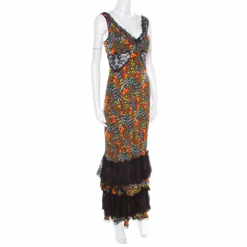 Black Multicolor Floral Print Silk Sheer Lace Insert Sleeveless Maxi Dress M