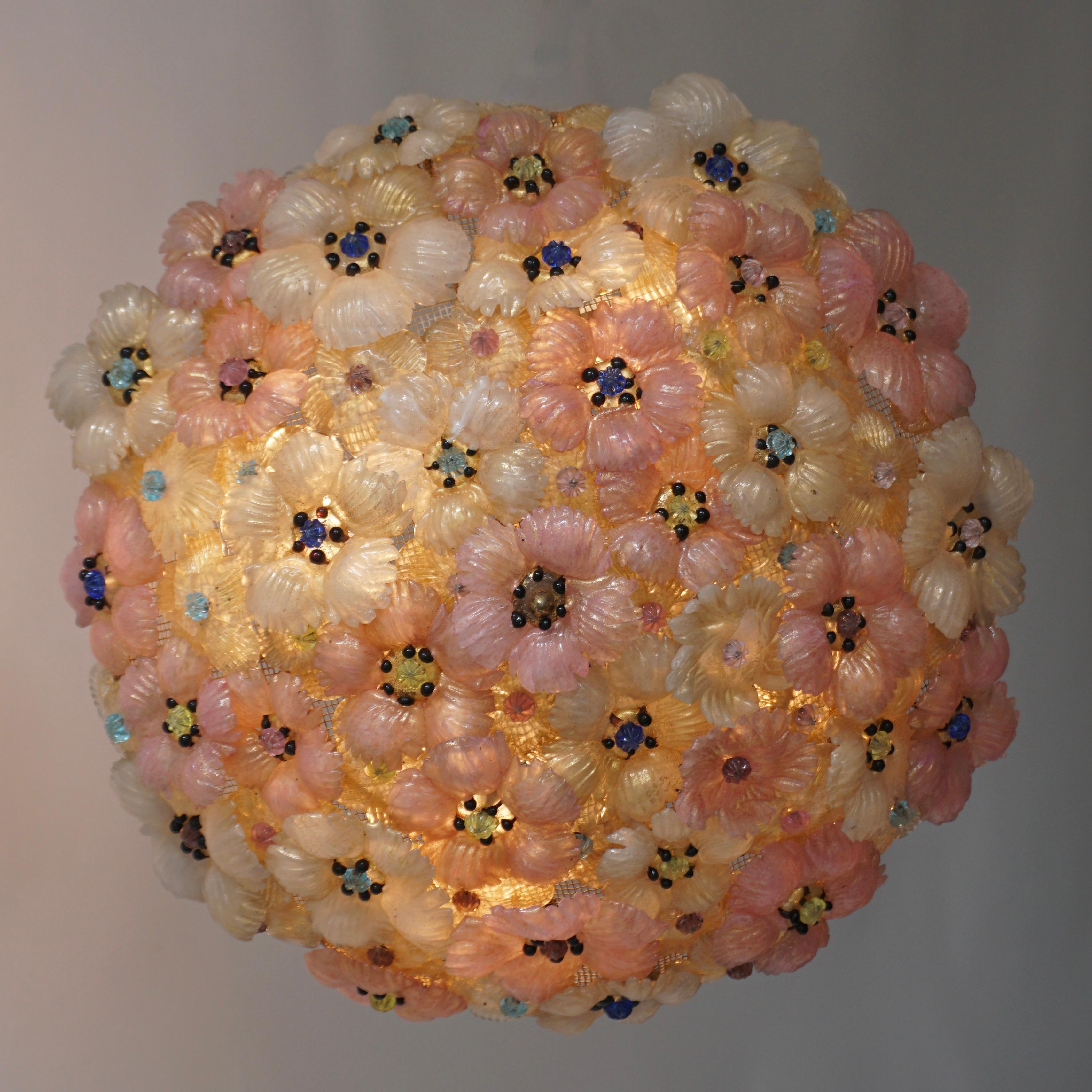 Mid-Century Modern Multicolor Flowers Basket Murano Glass Ceiling Light