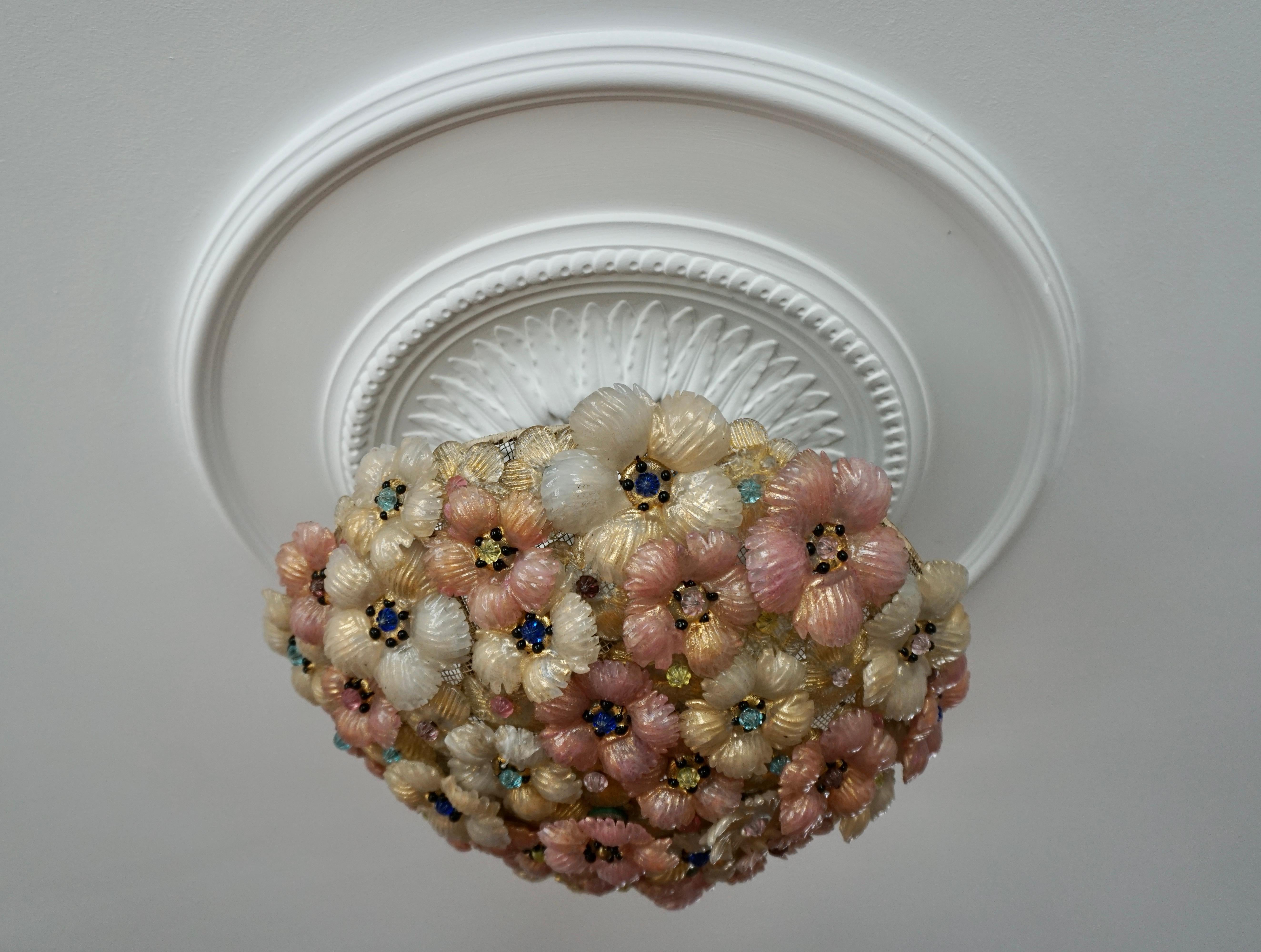 Italian Multicolor Flowers Basket Murano Glass Ceiling Light