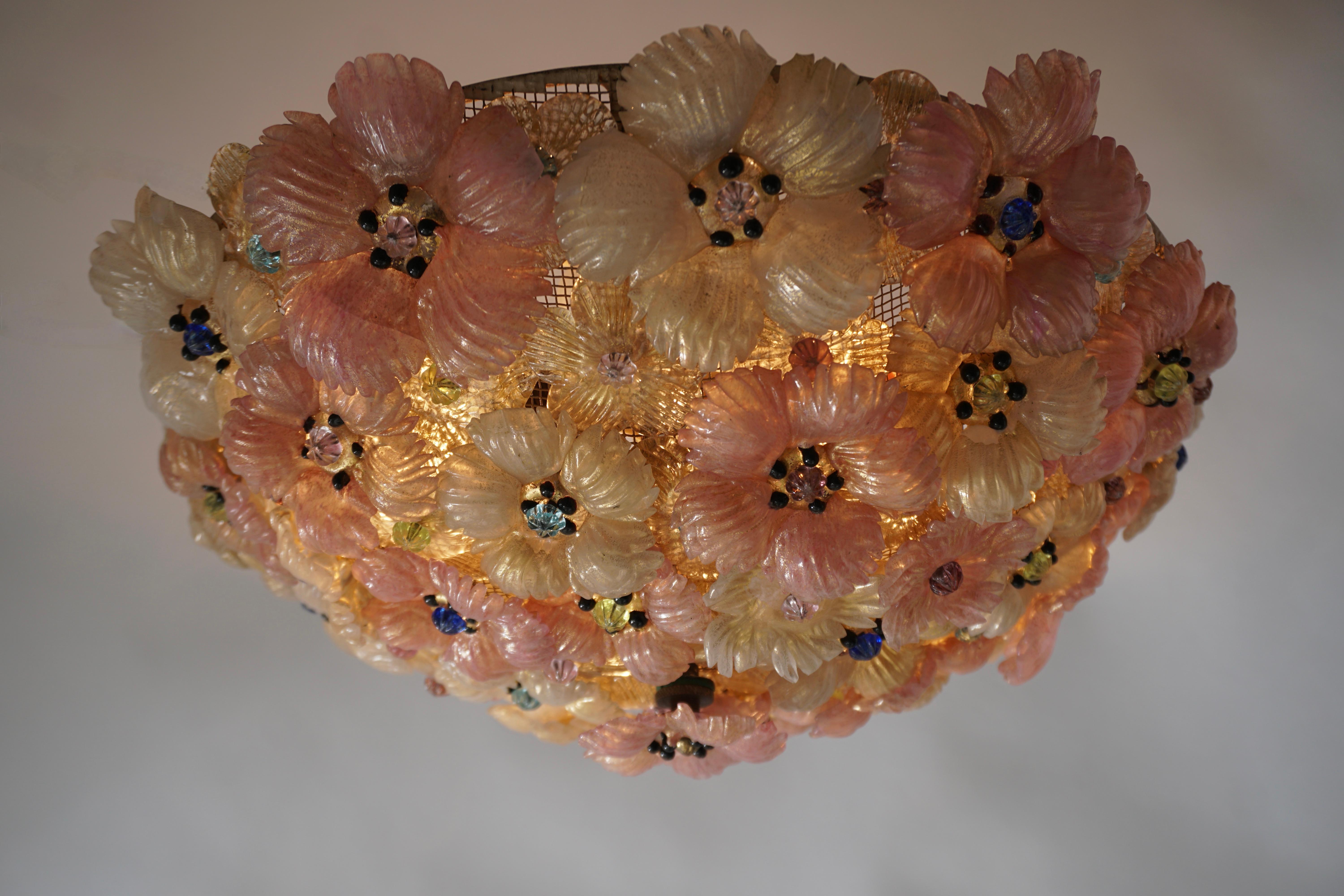 Multicolor Flowers Basket Murano Glass Ceiling Light In Good Condition In Antwerp, BE