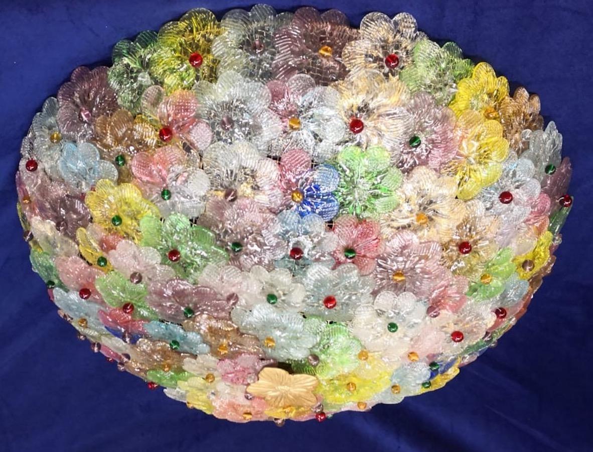 Italian Multicolor Flowers Basket Murano Glass Ceiling Light For Sale
