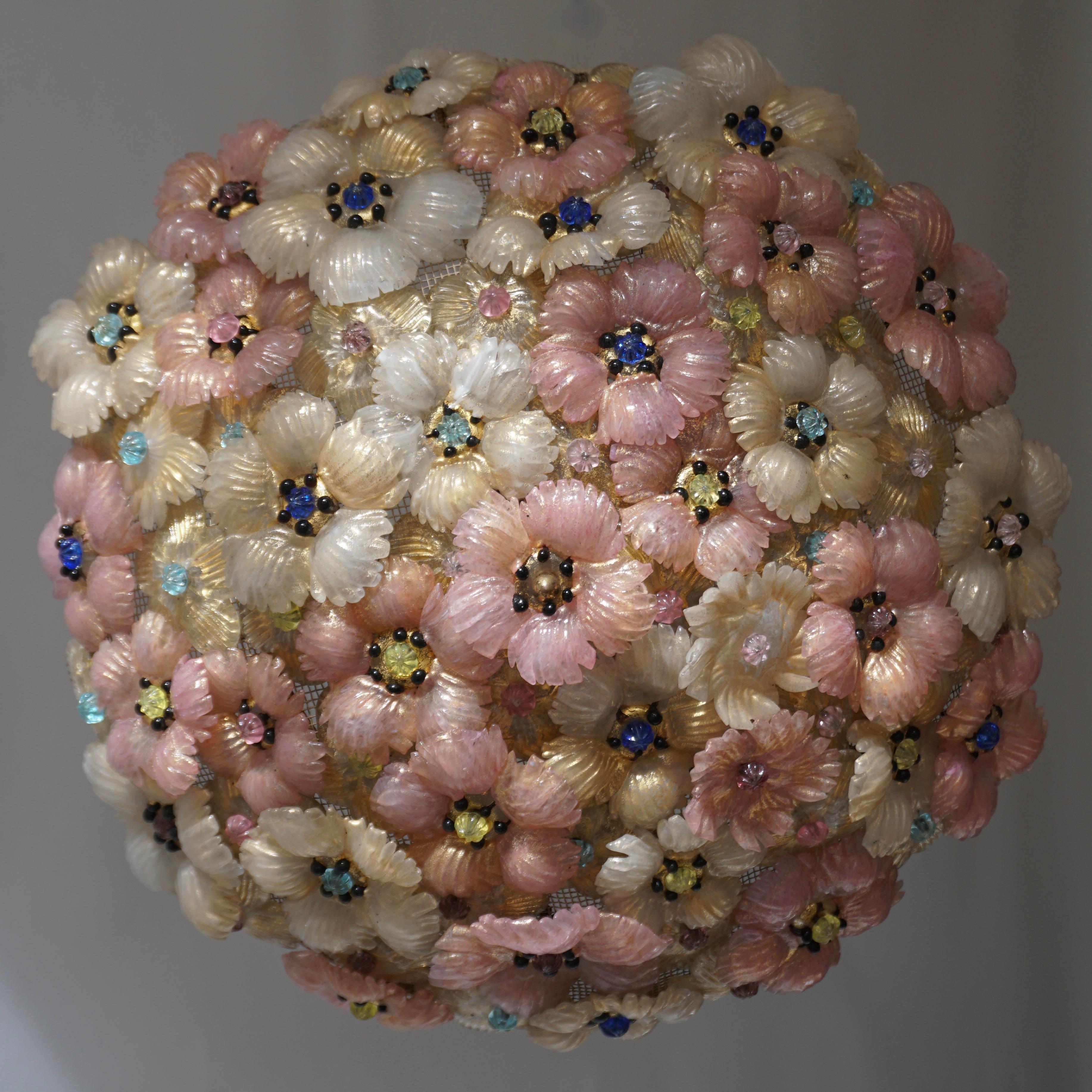 20th Century Multicolor Flowers Basket Murano Glass Ceiling Light